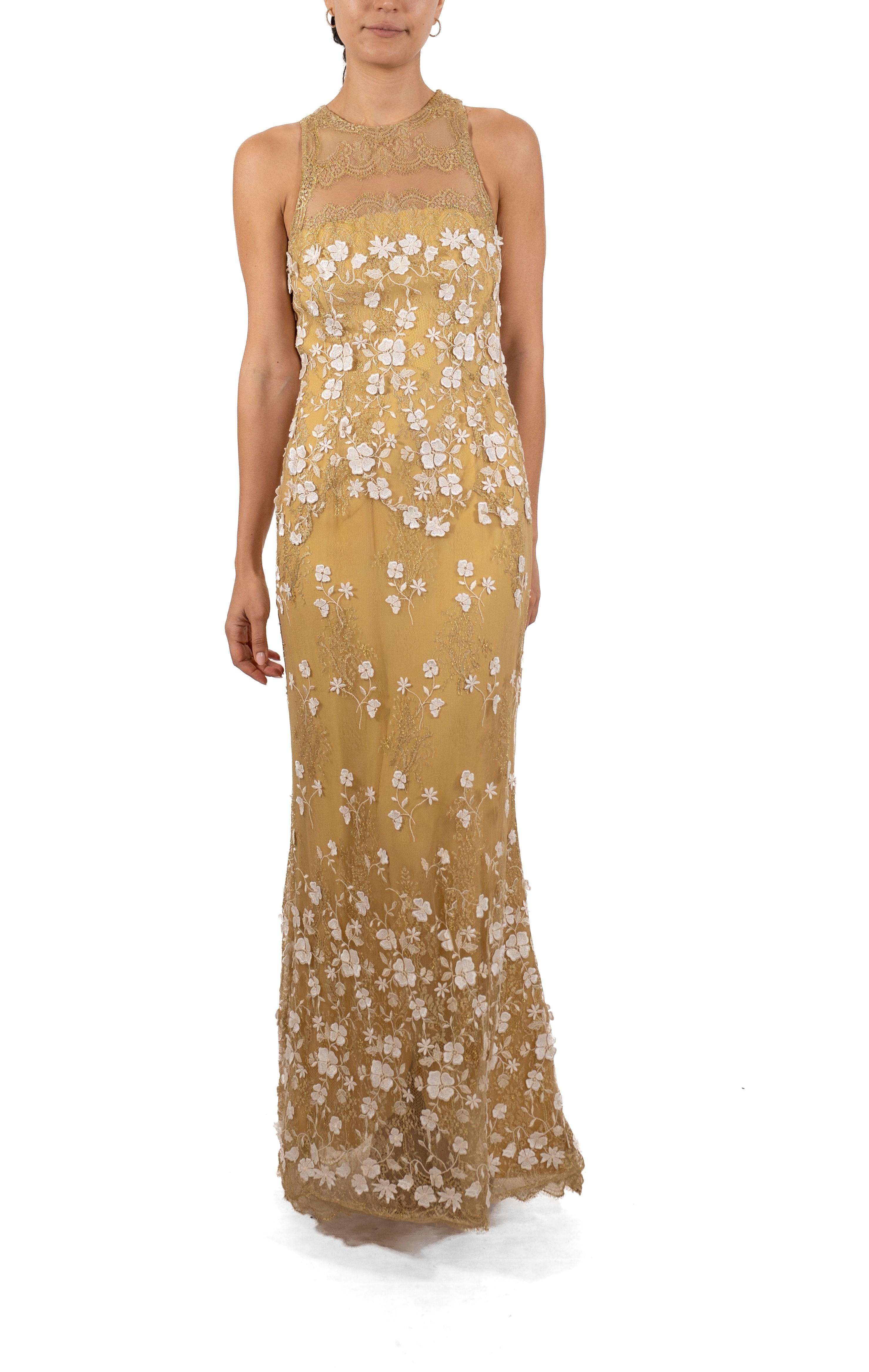1990S Metallic White & Gold Silk Blend Lace Gown With Appliqué Flowers For Sale 3