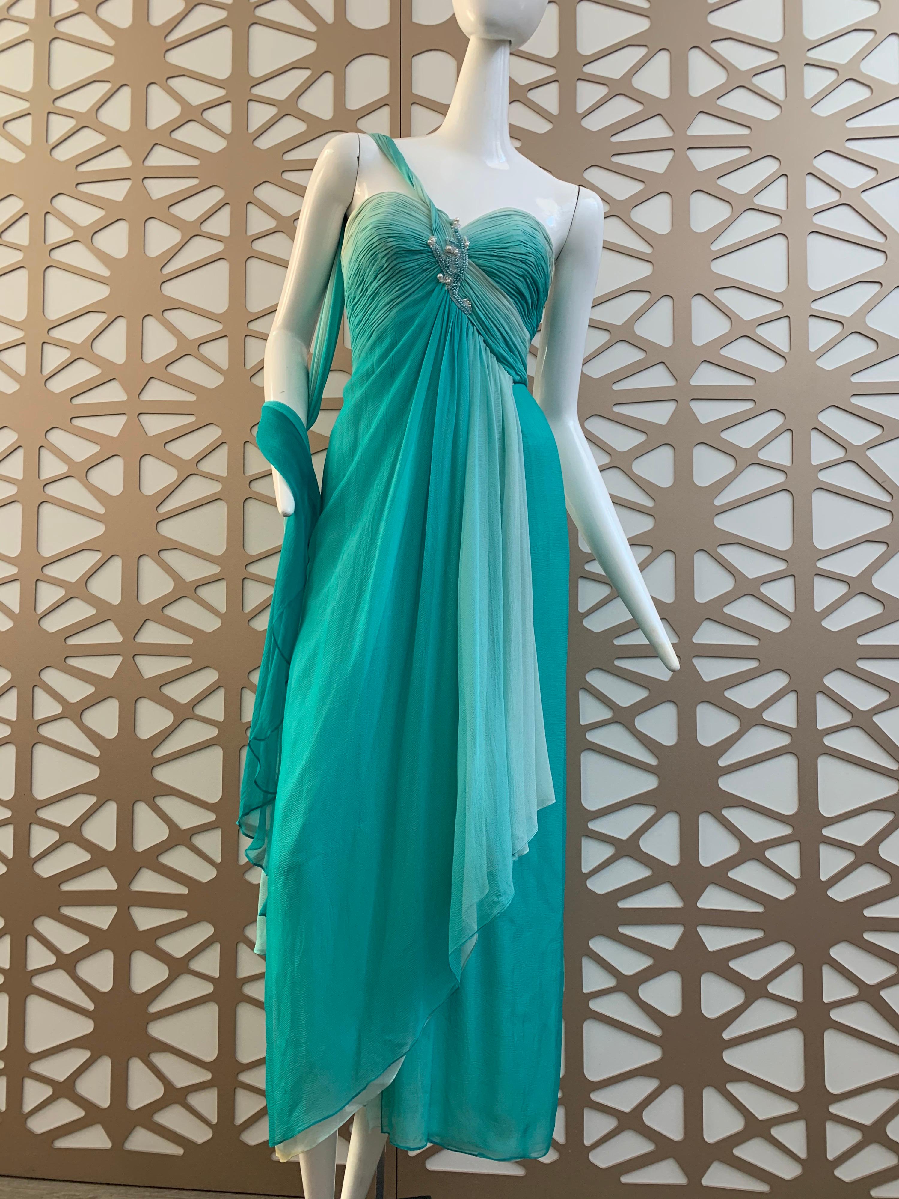 A sexy 1990s Michael Casey aquamarine color ombre silk goddess gown with ruched and beaded strapless, structured bodice:  tucked and gathered over entire bodice, the center beading and faux pearls anchor an stream of silk ombre chiffon over the