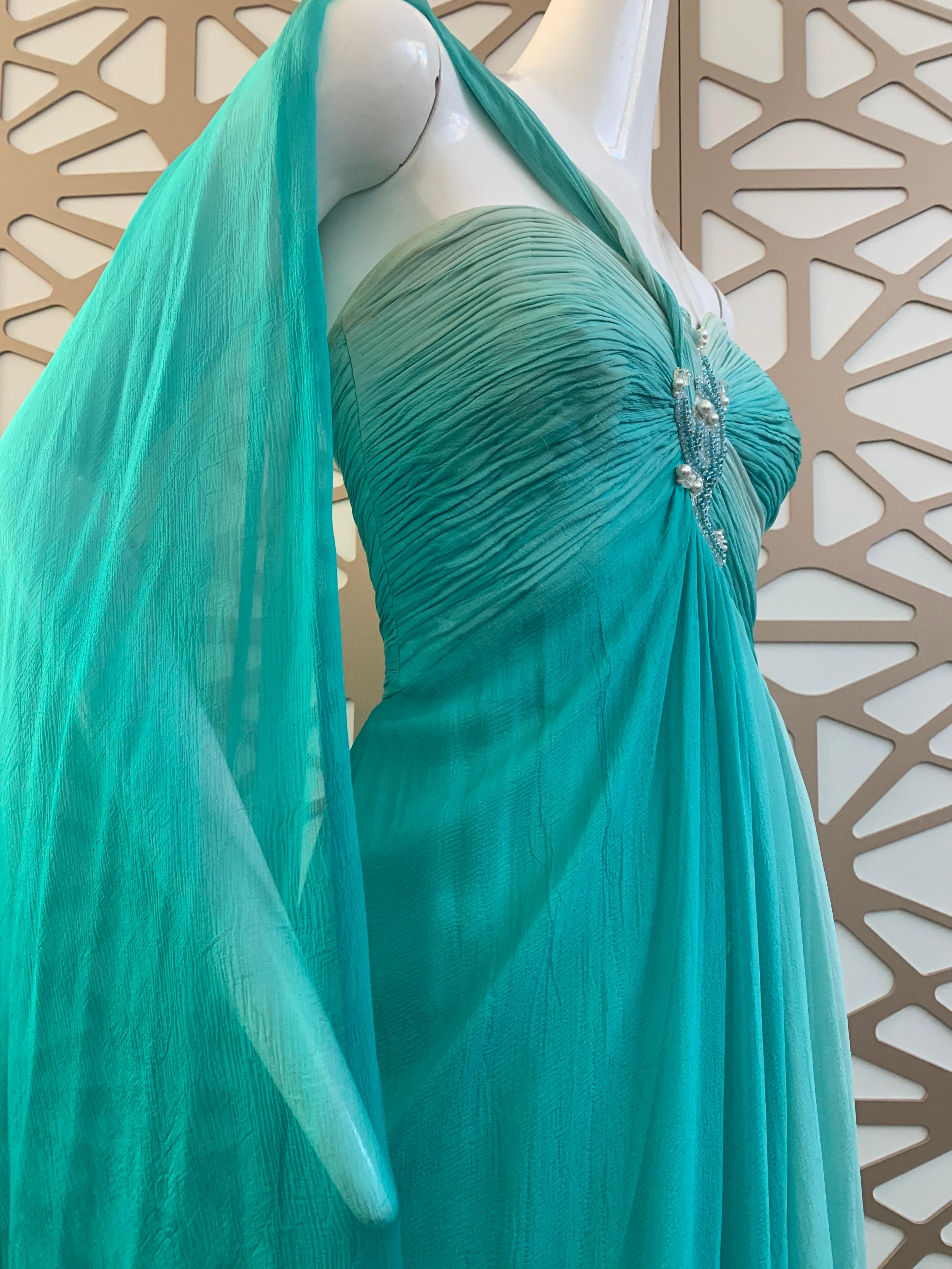 Blue 1990s Michael Casey Aquamarine Ombre Silk Goddess Gown W/ Ruched Beaded Bodice
