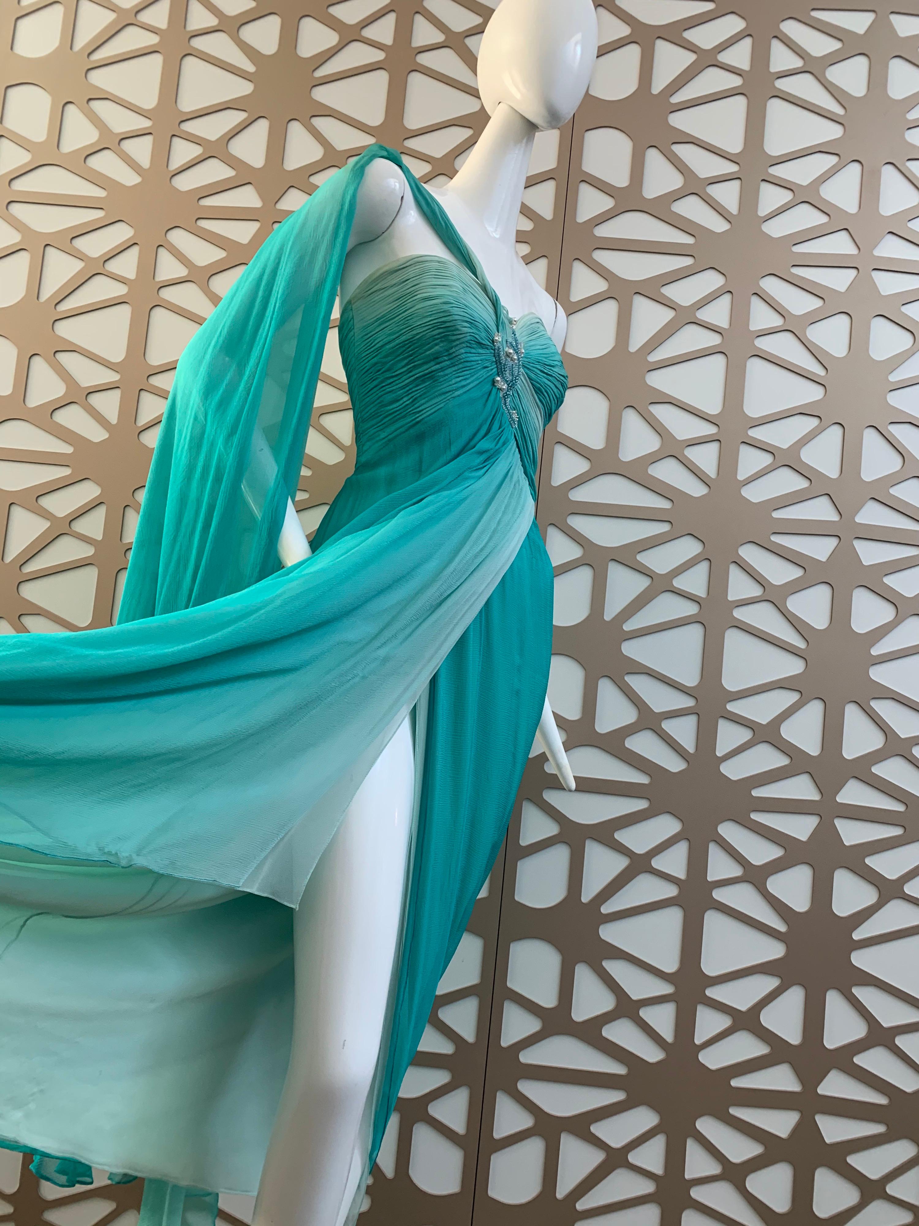 1990s Michael Casey Aquamarine Ombre Silk Goddess Gown W/ Ruched Beaded Bodice In Good Condition In Gresham, OR