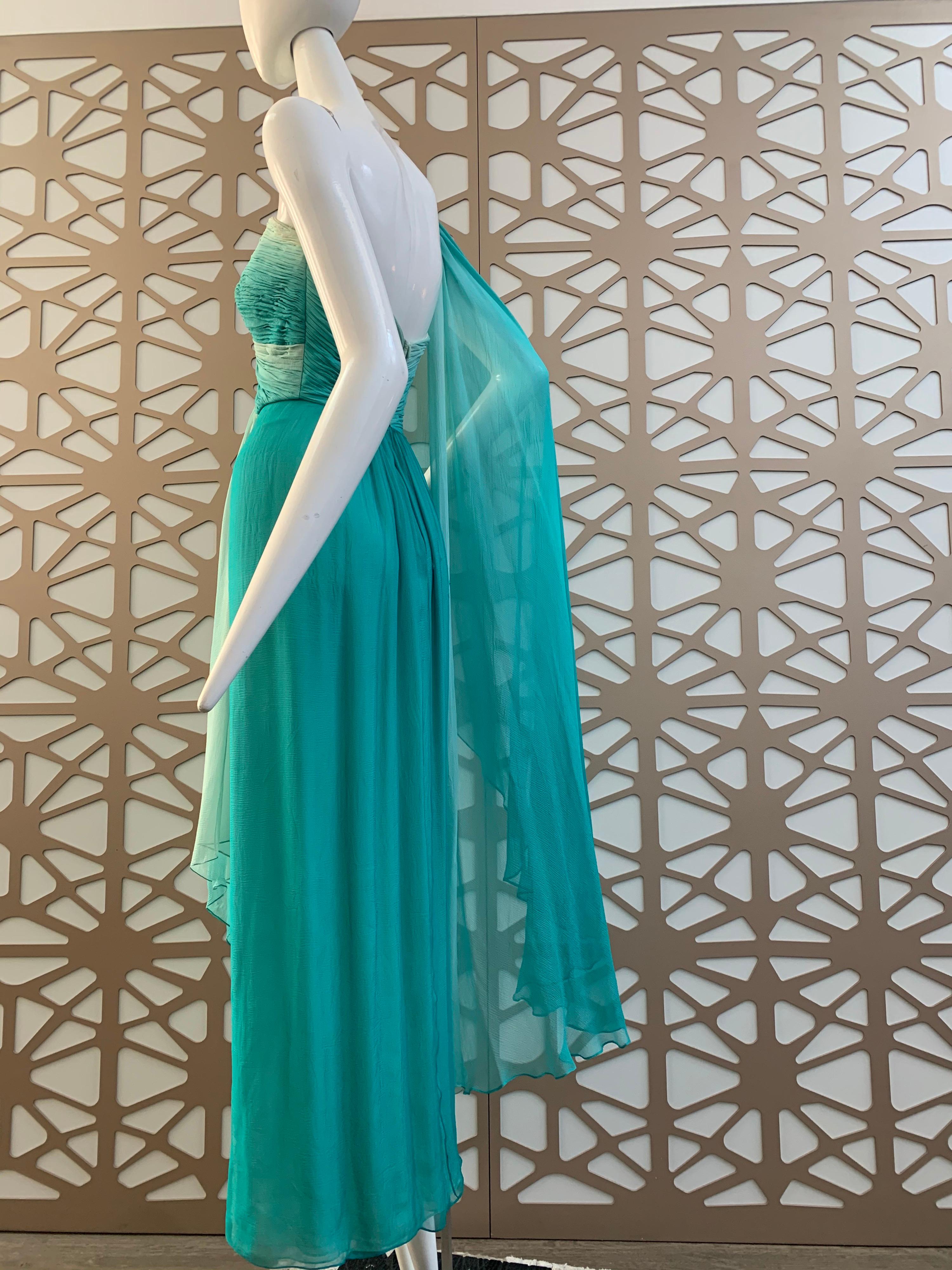 Women's 1990s Michael Casey Aquamarine Ombre Silk Goddess Gown W/ Ruched Beaded Bodice