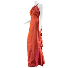 1990s Michael Casey Couture Coral Taffeta Halter Gown W/ Ruffle Bustle Train