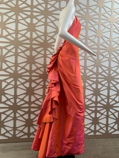 1990s Michael Casey Couture Coral Taffeta Halter Gown W/ Ruffle Bustle Train
