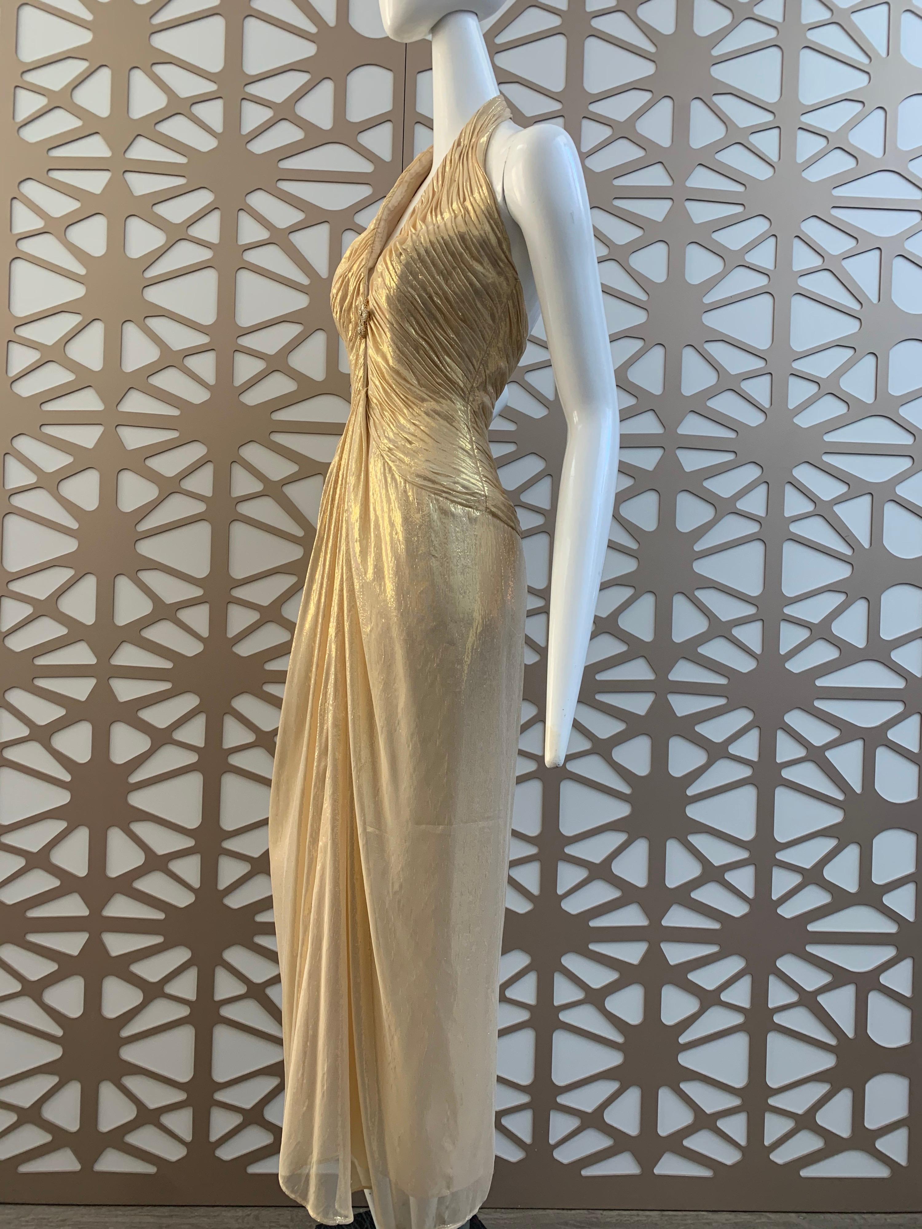 Brown 1990s Michael Casey Couture Gold Lame Goddess Gown W/ Halter Neck & Deep V   For Sale