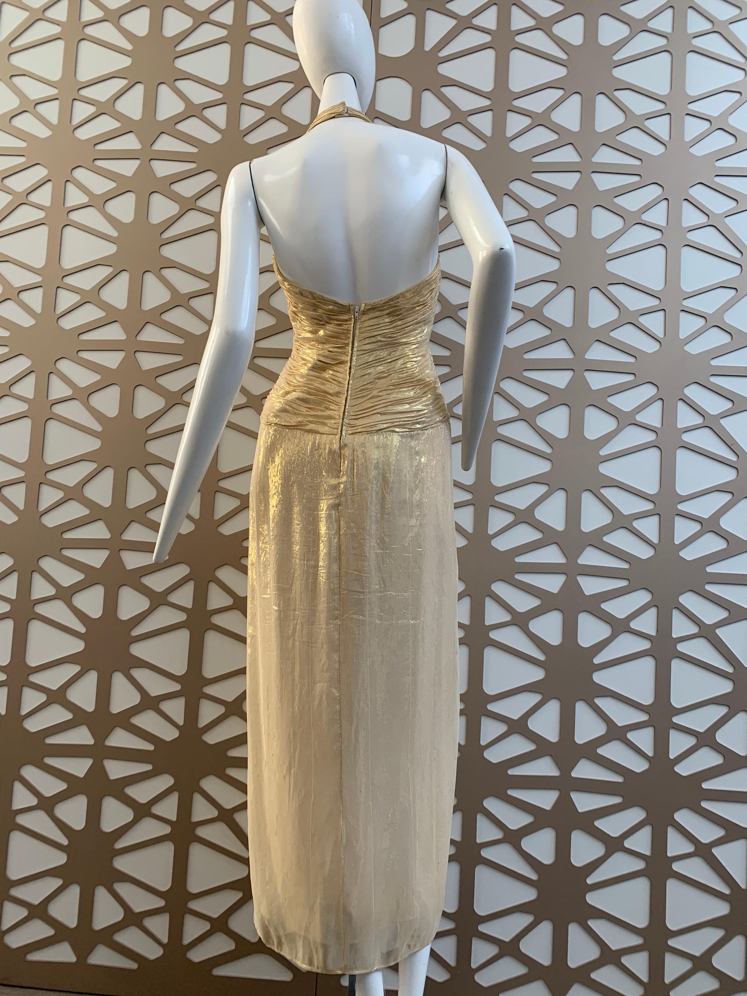 1990 Michael Casey Couture Gold Lame Goddess Gown W/ Halter Neck & Deep V   en vente 2