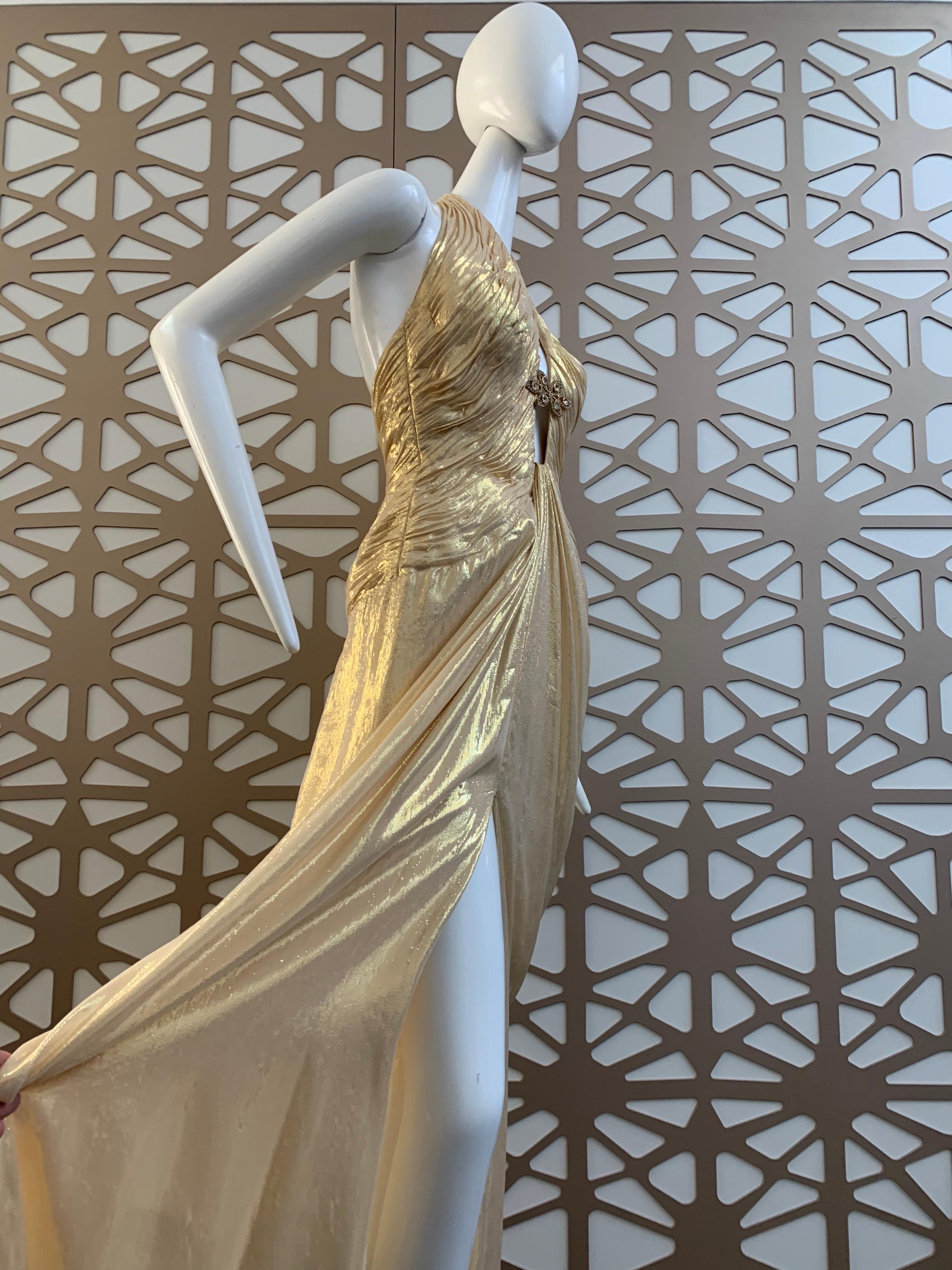 1990s Michael Casey Couture Gold Lame Goddess Gown W/ Halter Neck & Deep V   For Sale 1