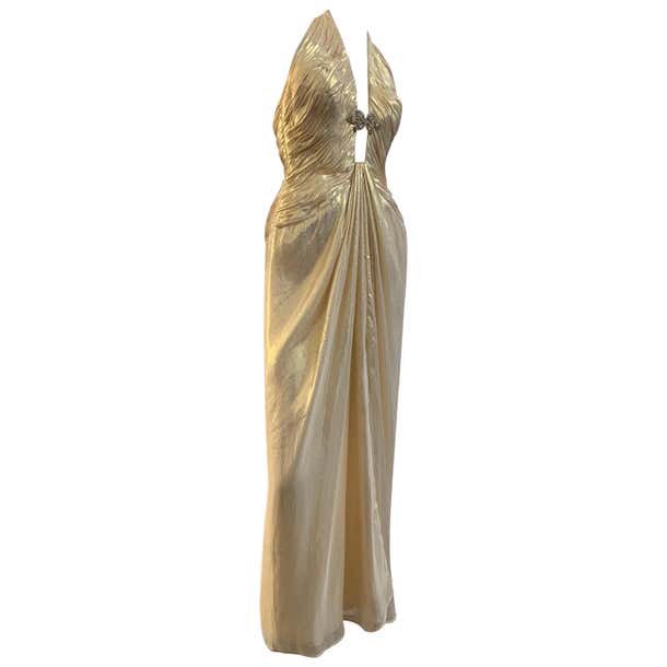 1990s Michael Casey Couture Gold Lame Goddess Gown W/ Halter Neck and ...