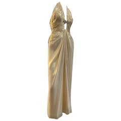 1990s Michael Casey Couture Gold Lame Goddess Gown W/ Halter Neck & Deep V  