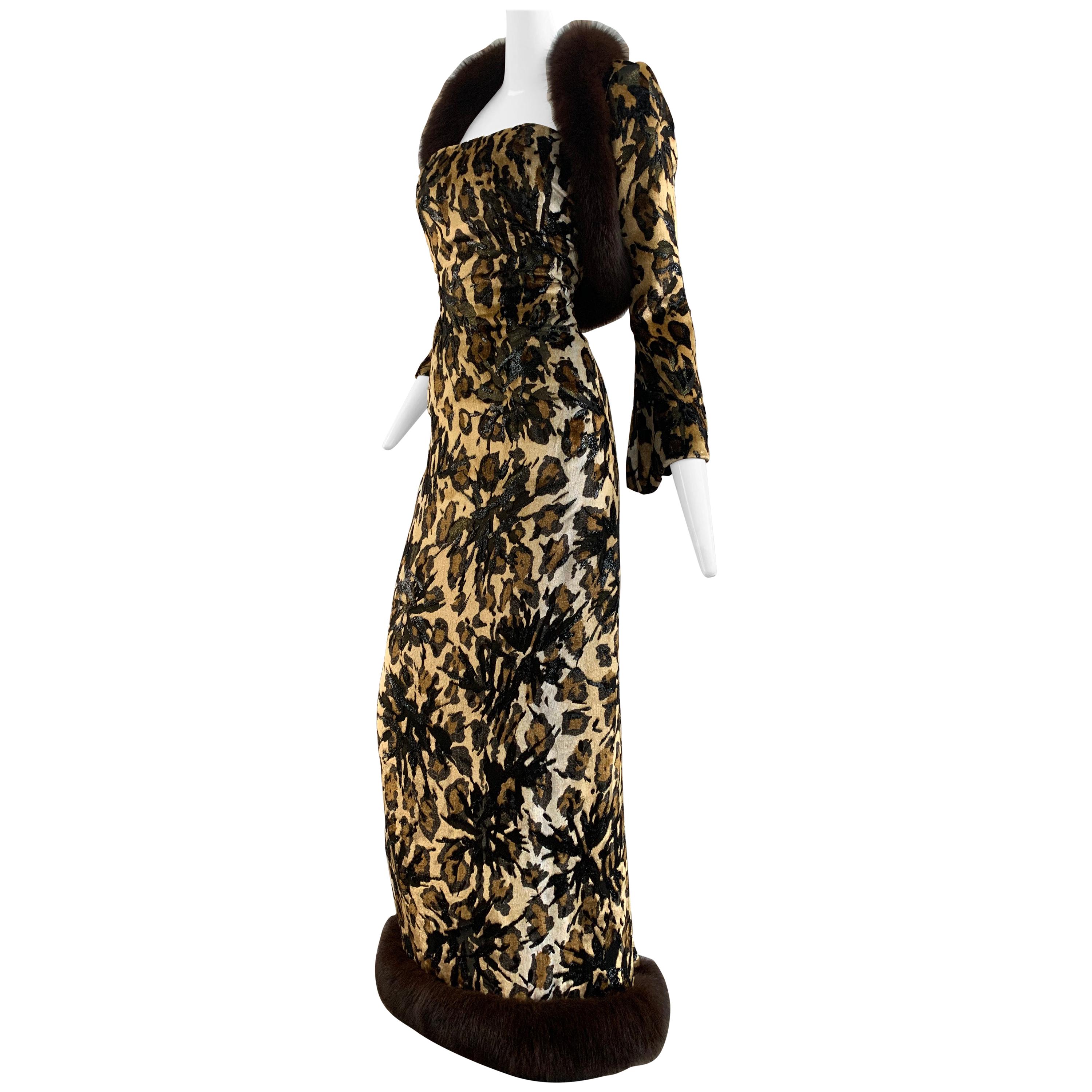 1990s Michael Casey Couture Leopard Burn-Out & Lame Velvet 2-Piece Evening Gown