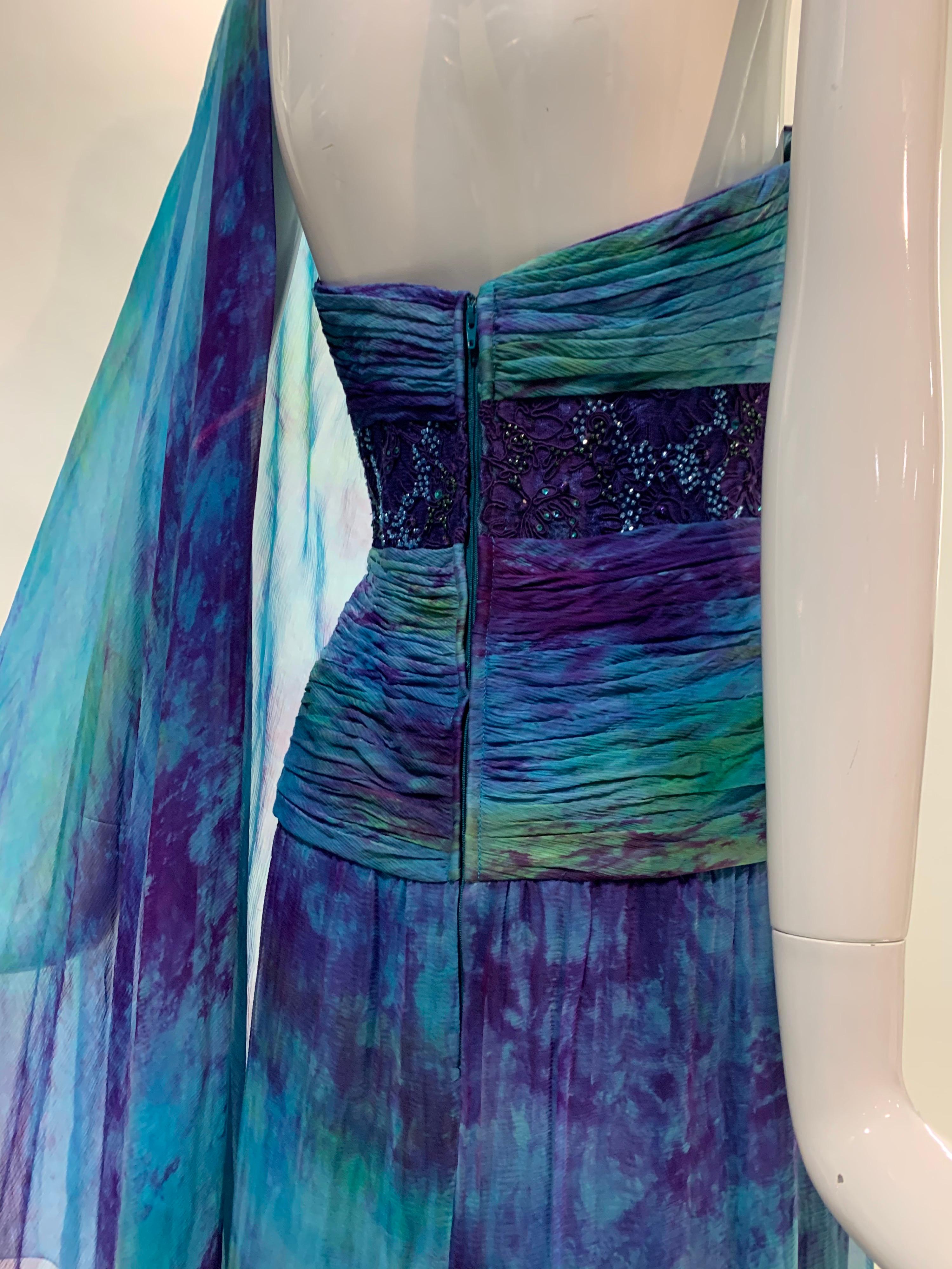 1990s Michael Casey Couture Silk Chiffon Tie-Dyed & Beaded Goddess Gown Archival For Sale 5