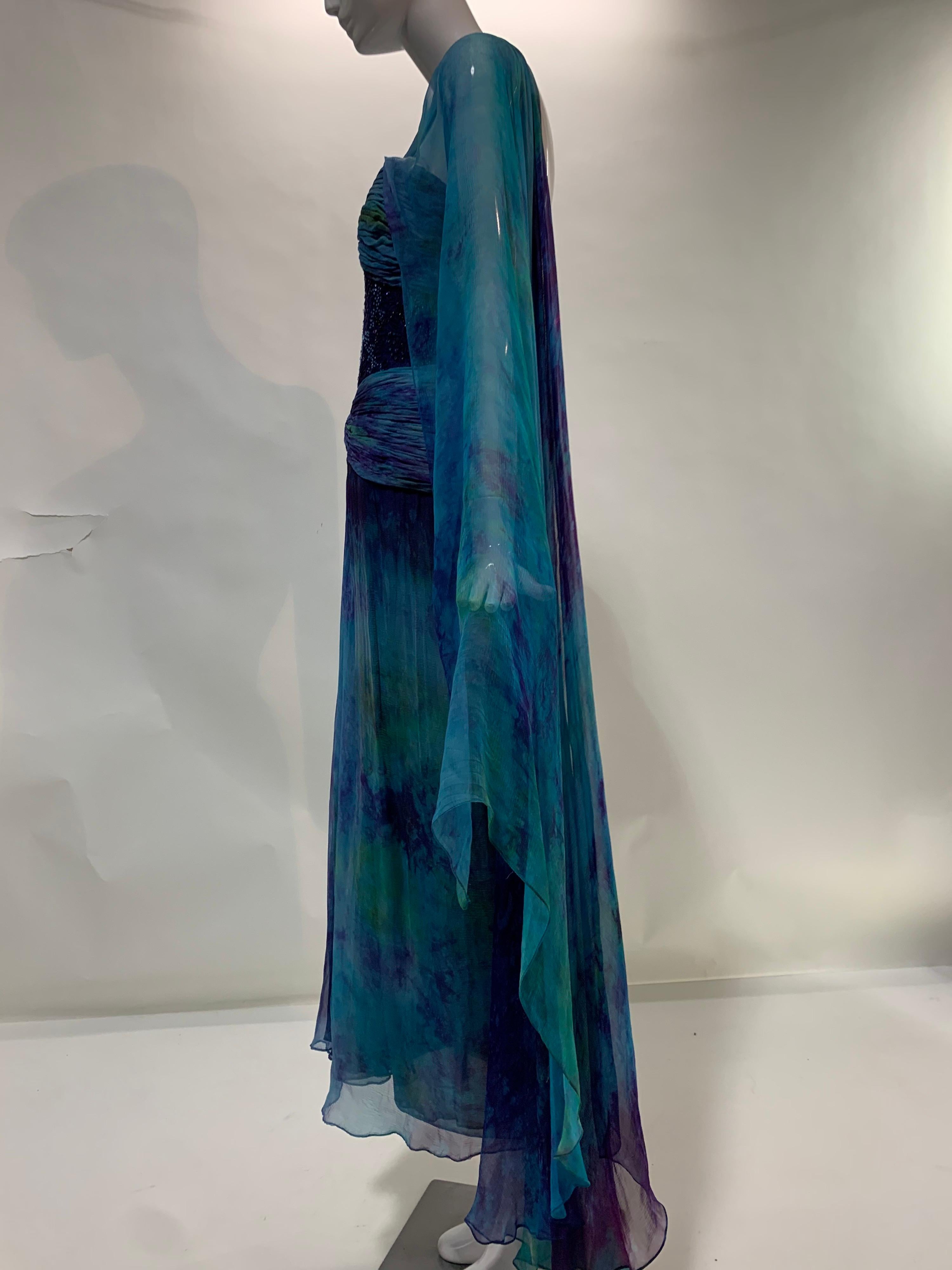 1990s Michael Casey Couture Silk Chiffon Tie-Dyed & Beaded Goddess Gown Archival For Sale 7