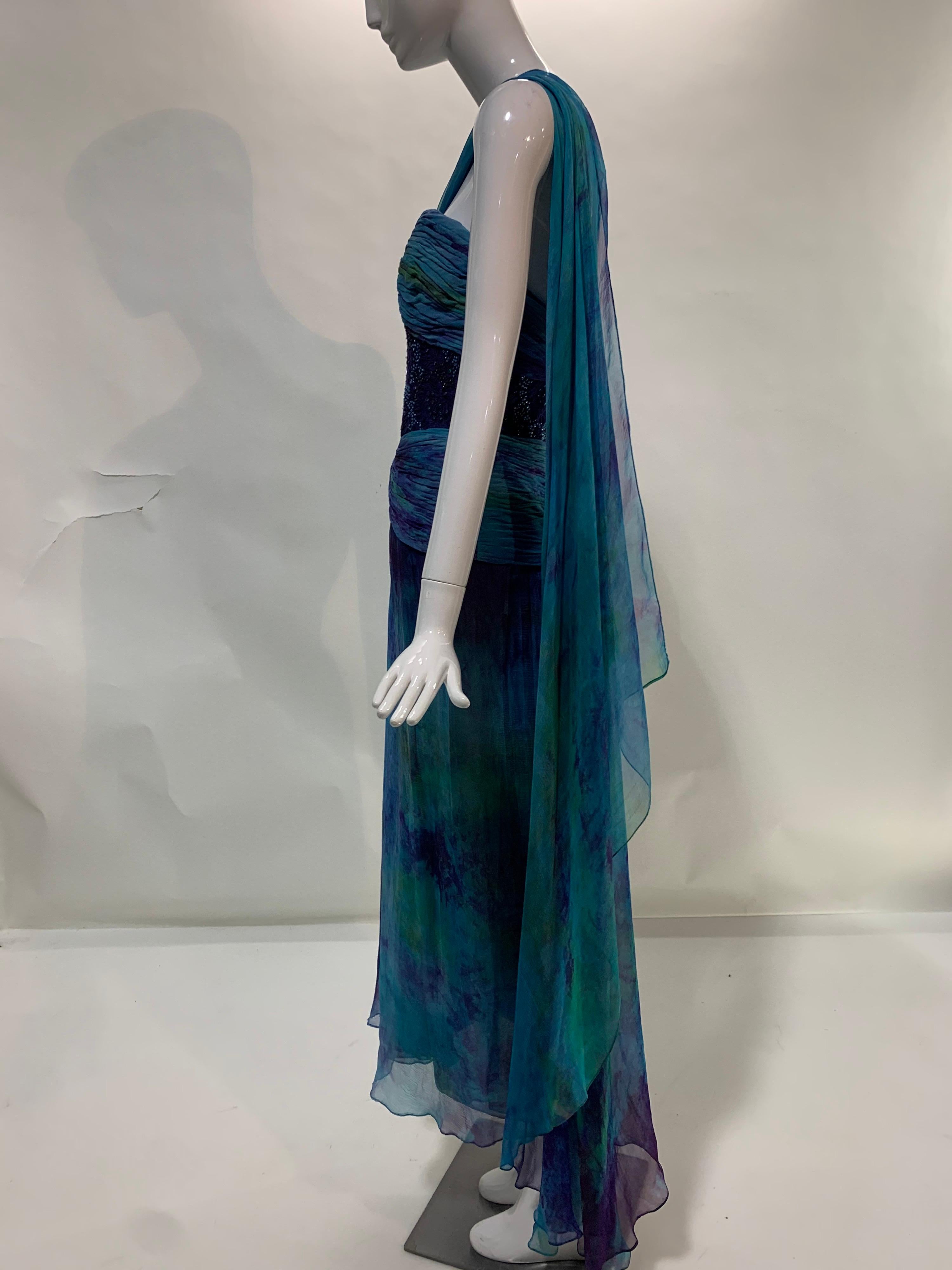 1990s Michael Casey Couture Silk Chiffon Tie-Dyed & Beaded Goddess Gown Archival For Sale 8