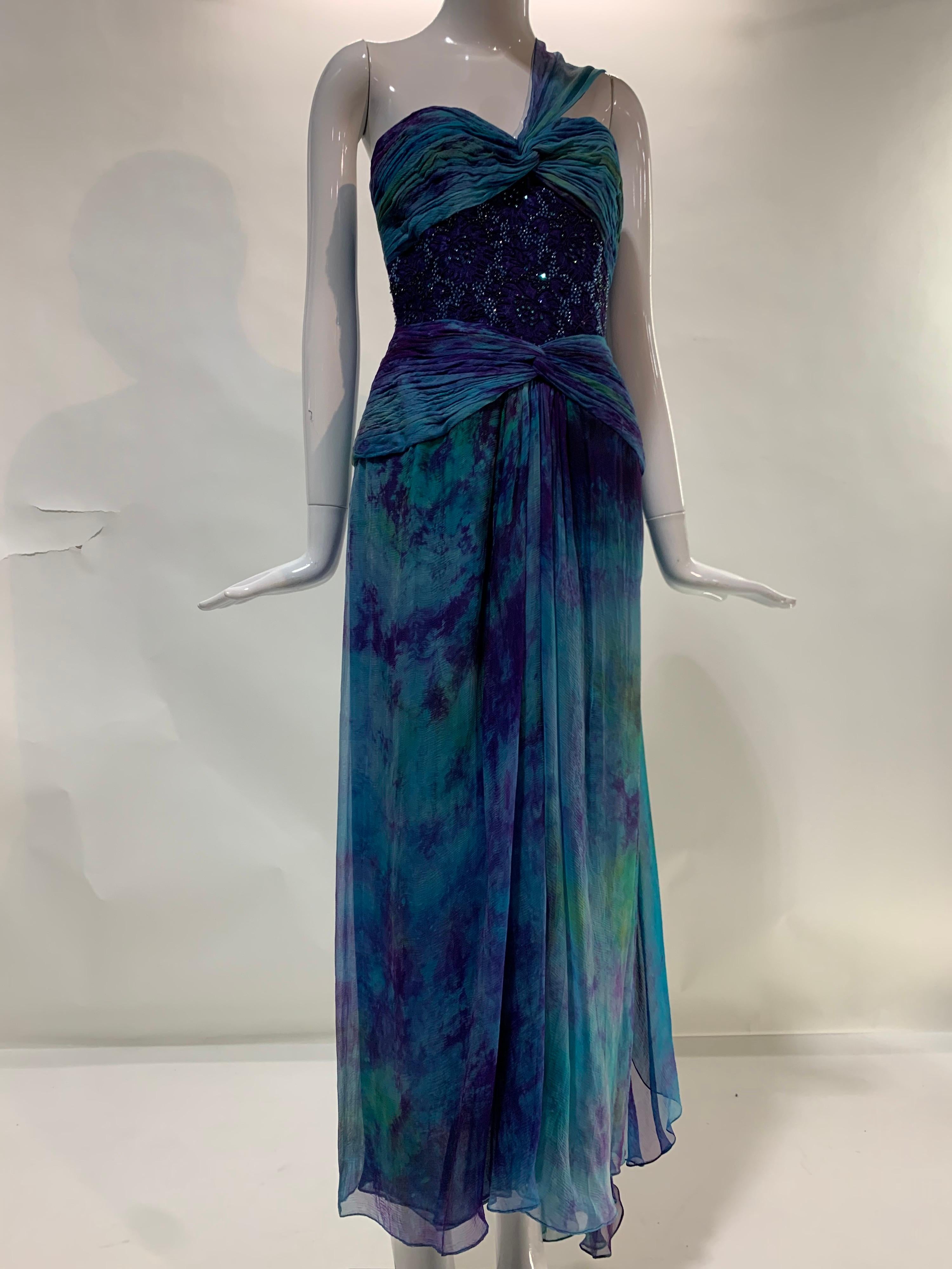 1990s Michael Casey Couture Silk Chiffon Tie-Dyed & Beaded Goddess Gown Archival For Sale 9
