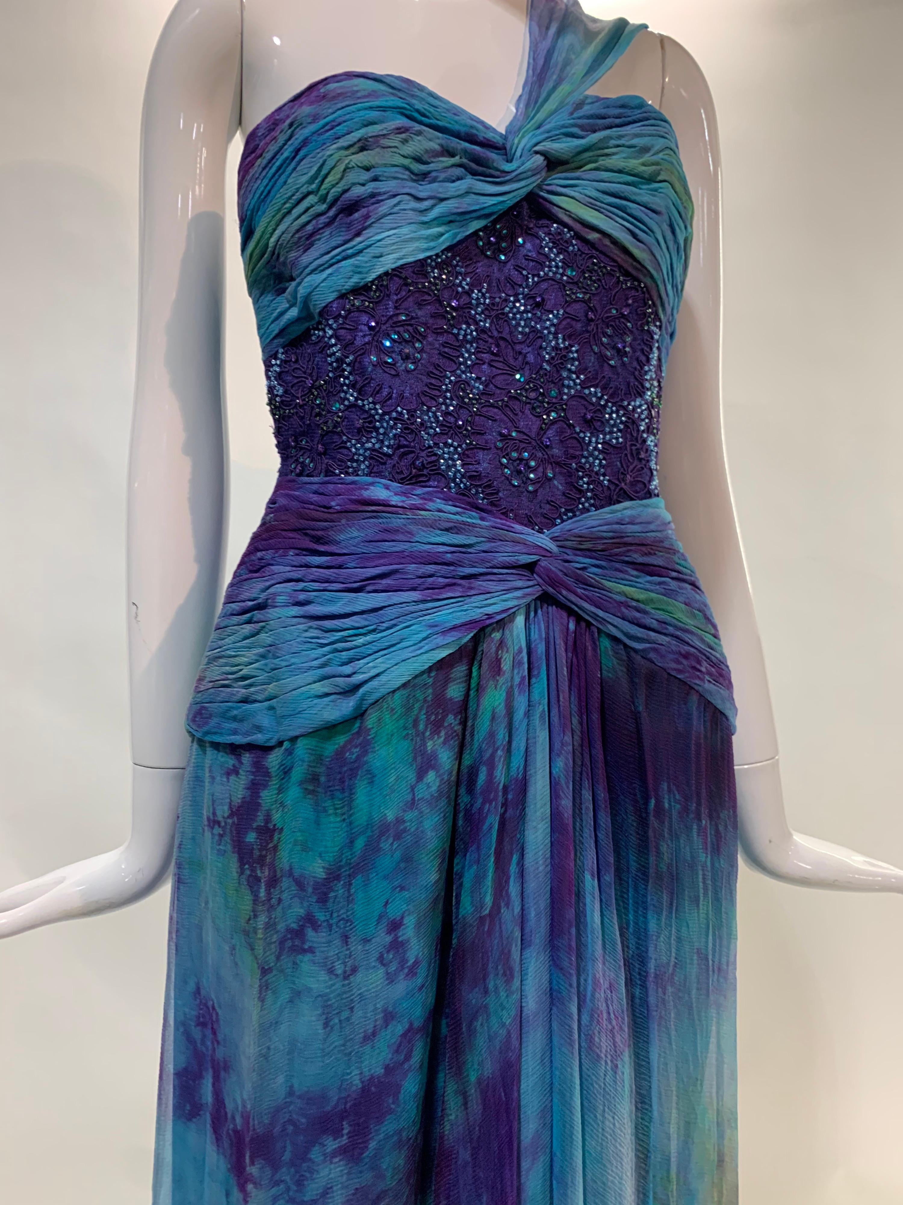 1990s Michael Casey Couture Silk Chiffon Tie-Dyed & Beaded Goddess Gown Archival For Sale 10