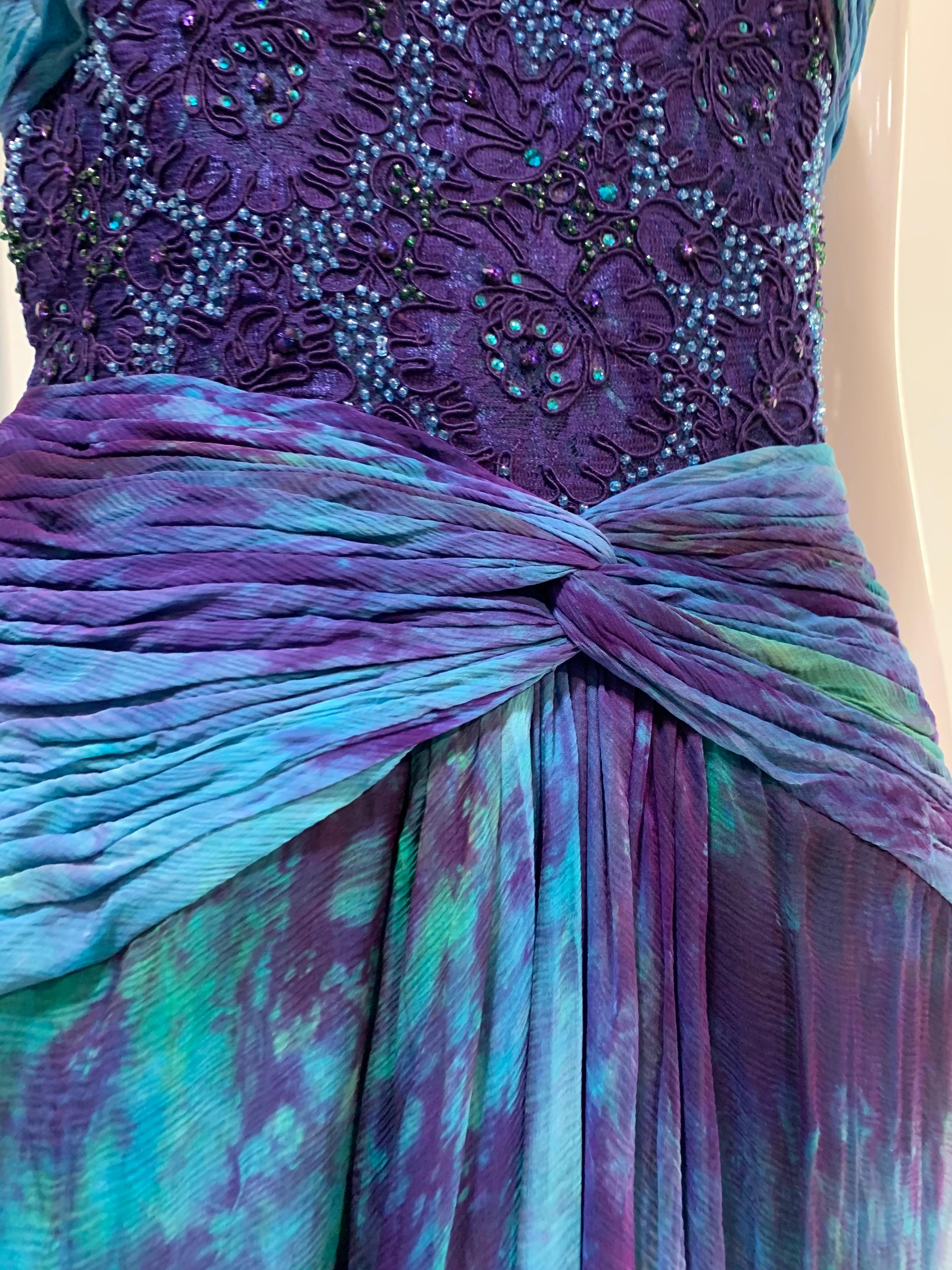 1990s Michael Casey Couture Silk Chiffon Tie-Dyed & Beaded Goddess Gown Archival For Sale 11