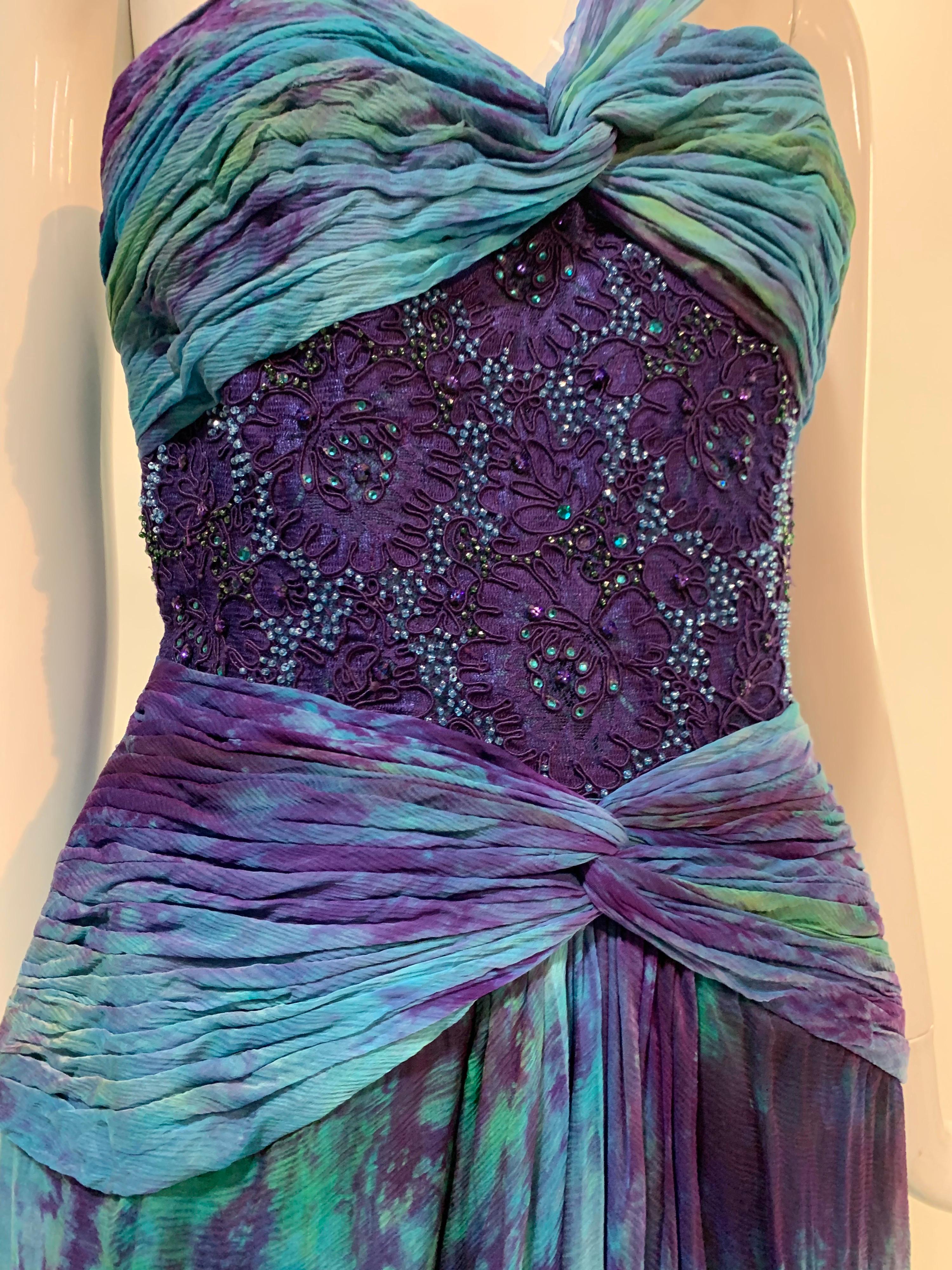 1990s Michael Casey Couture Silk Chiffon Tie-Dyed & Beaded Goddess Gown Archival For Sale 12