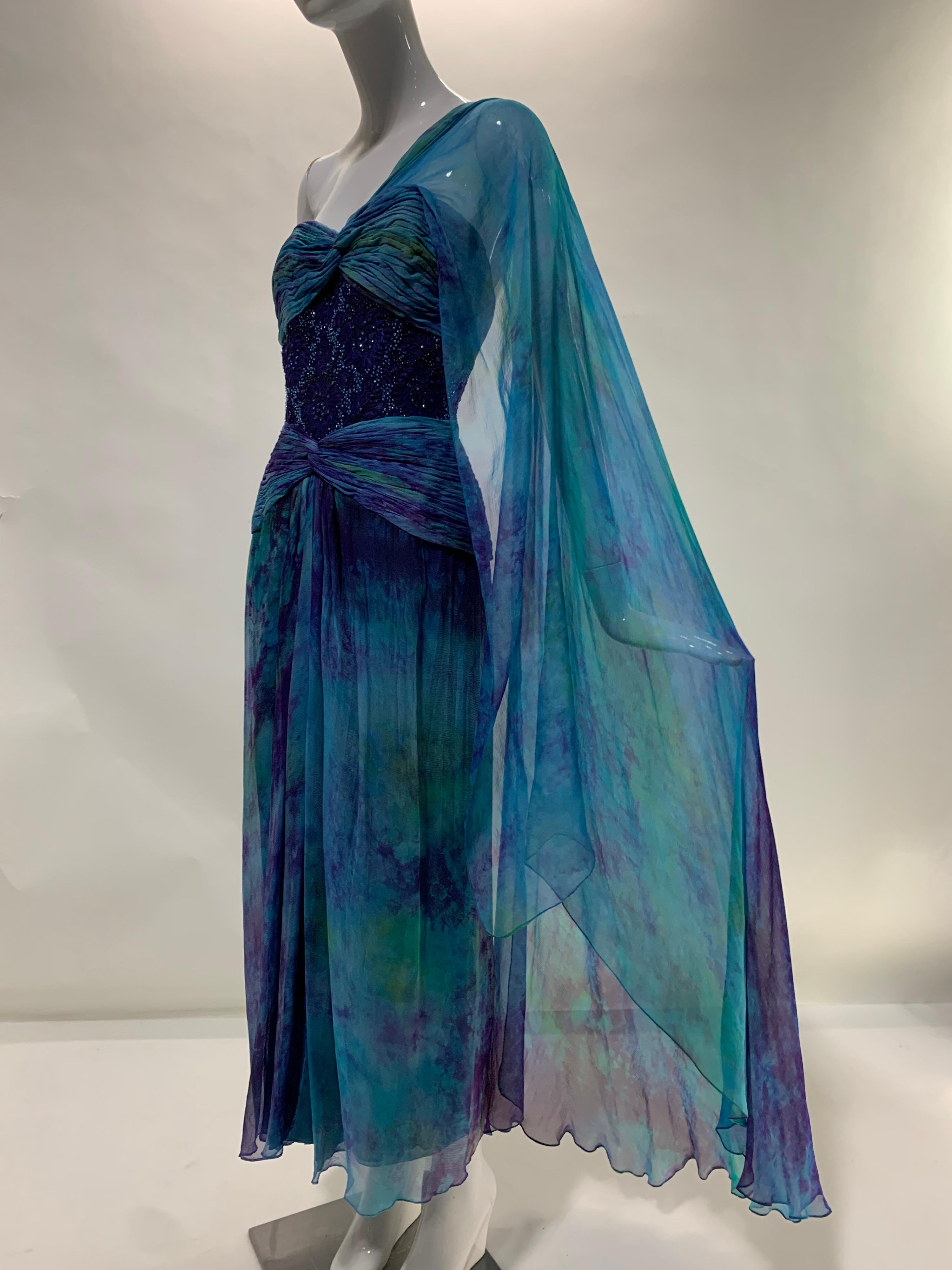 A beautiful 1990s Couture Michael Casey purple turquoise and aqua tie-dyed silk chiffon and beaded royal purple Belgian lace. Structured and boned bodice goddess gown with shoulder draped foulard. Incredible numbered piece from designer's private