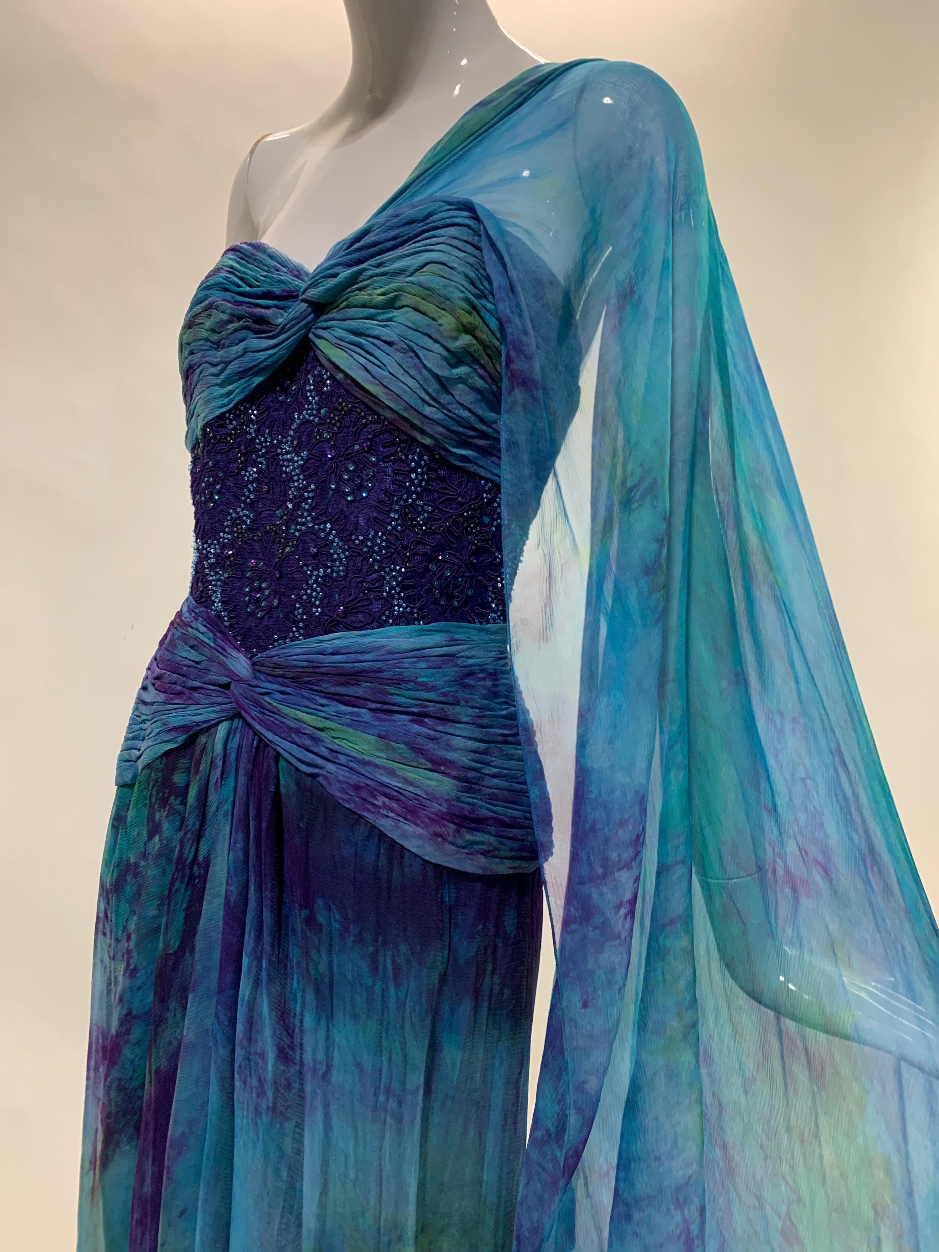 Blue 1990s Michael Casey Couture Silk Chiffon Tie-Dyed & Beaded Goddess Gown Archival For Sale