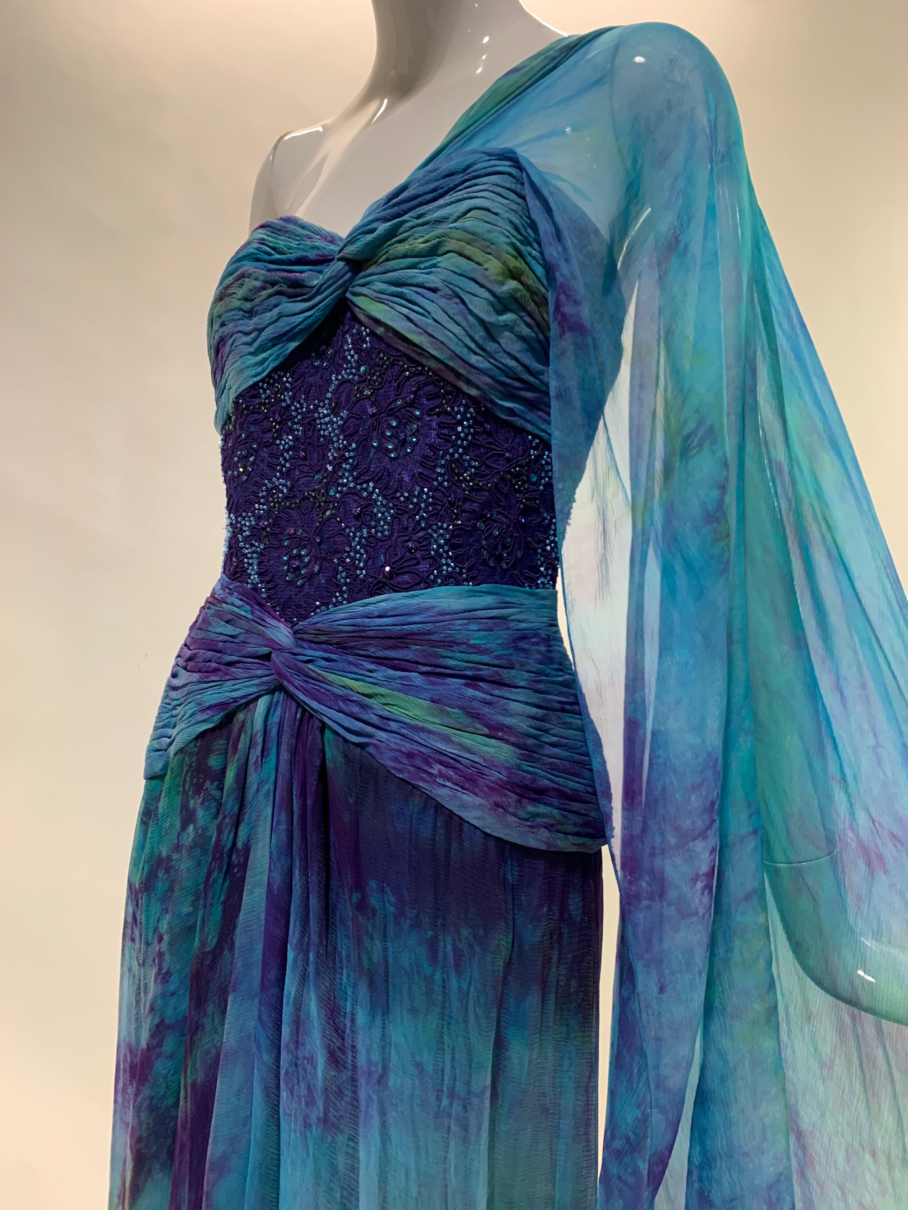 1990s Michael Casey Couture Silk Chiffon Tie-Dyed & Beaded Goddess Gown Archival In Excellent Condition For Sale In Gresham, OR
