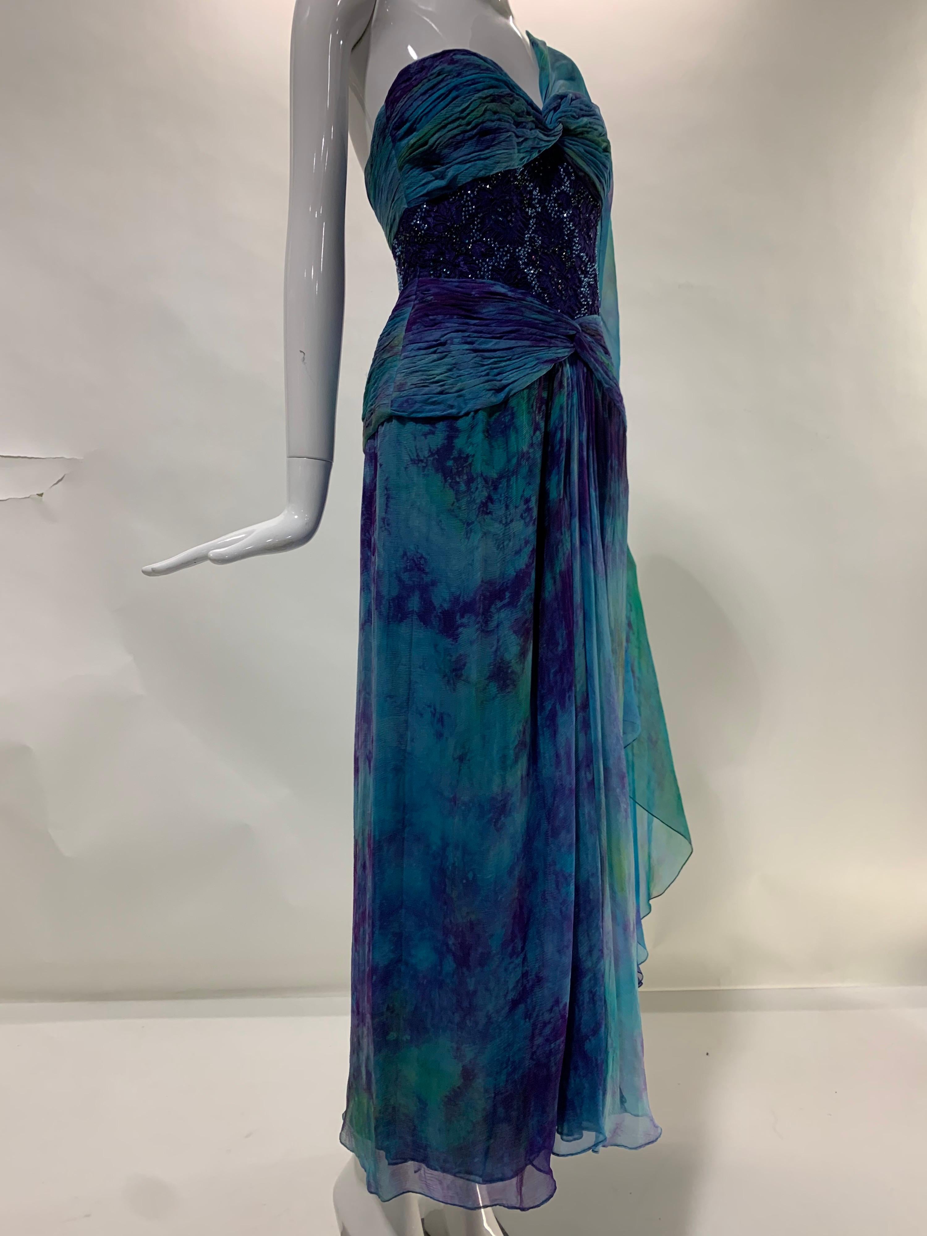 1990s Michael Casey Couture Silk Chiffon Tie-Dyed & Beaded Goddess Gown Archival For Sale 1