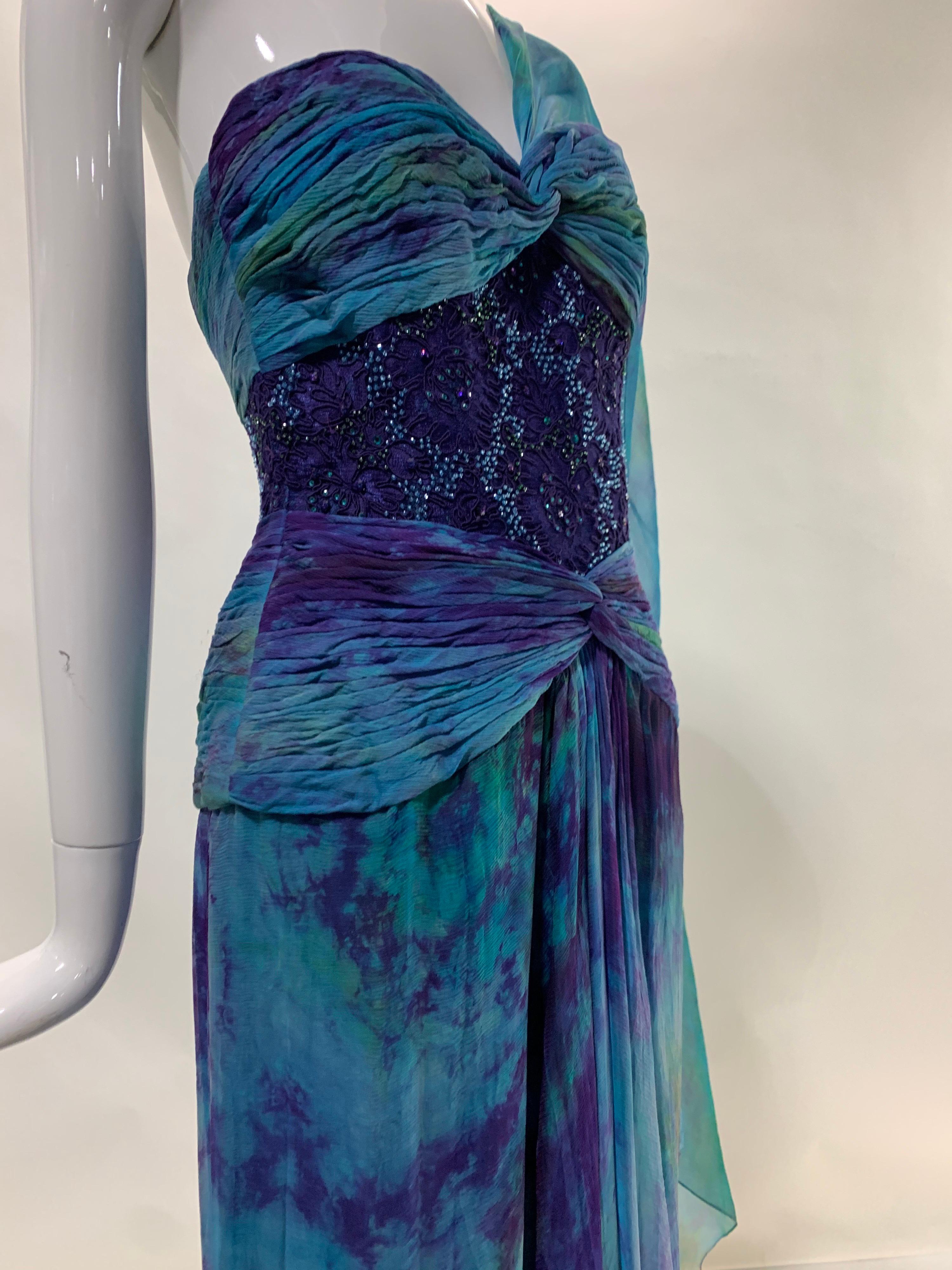 1990s Michael Casey Couture Silk Chiffon Tie-Dyed & Beaded Goddess Gown Archival For Sale 2
