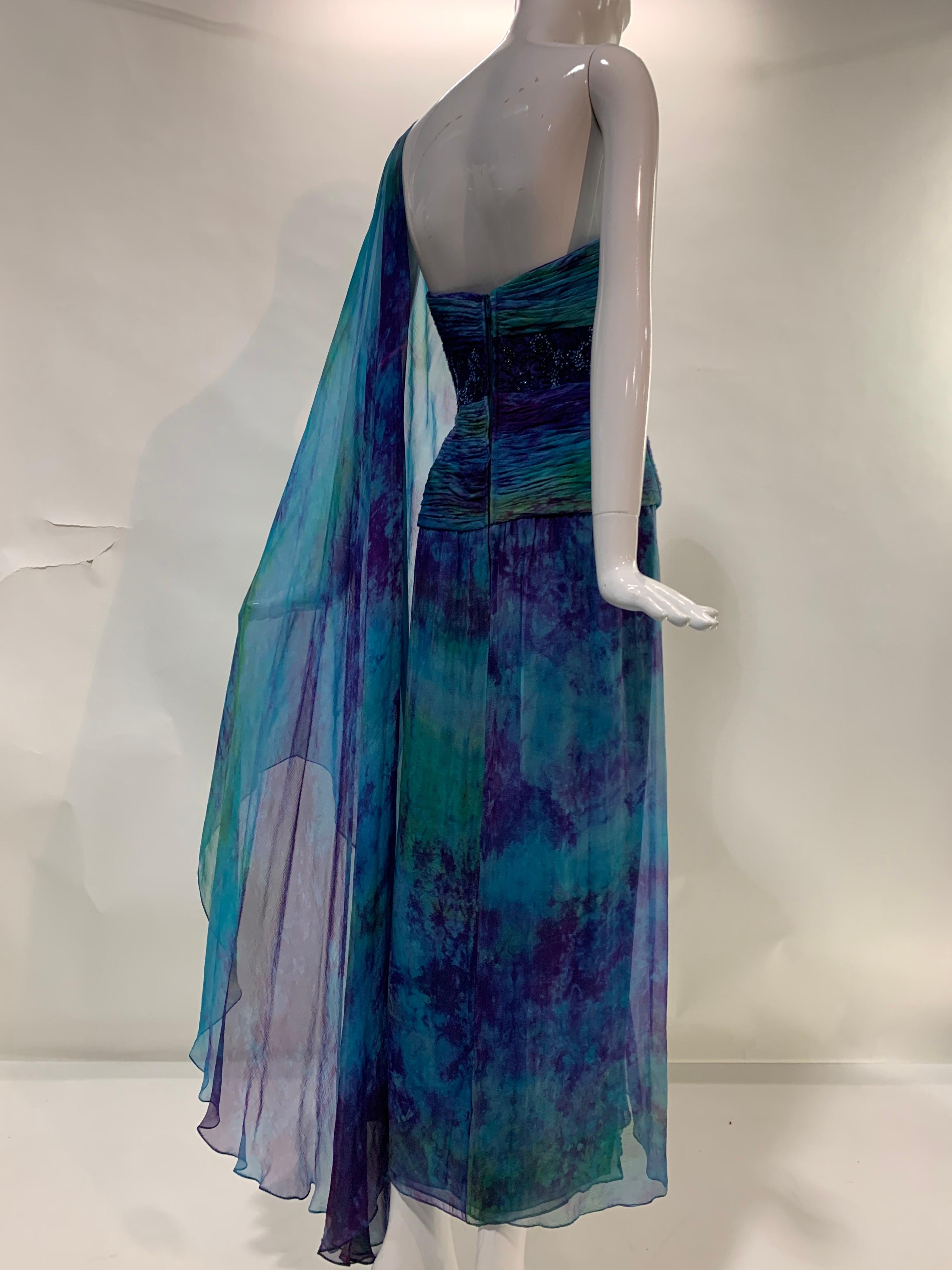 1990s Michael Casey Couture Silk Chiffon Tie-Dyed & Beaded Goddess Gown Archival For Sale 4