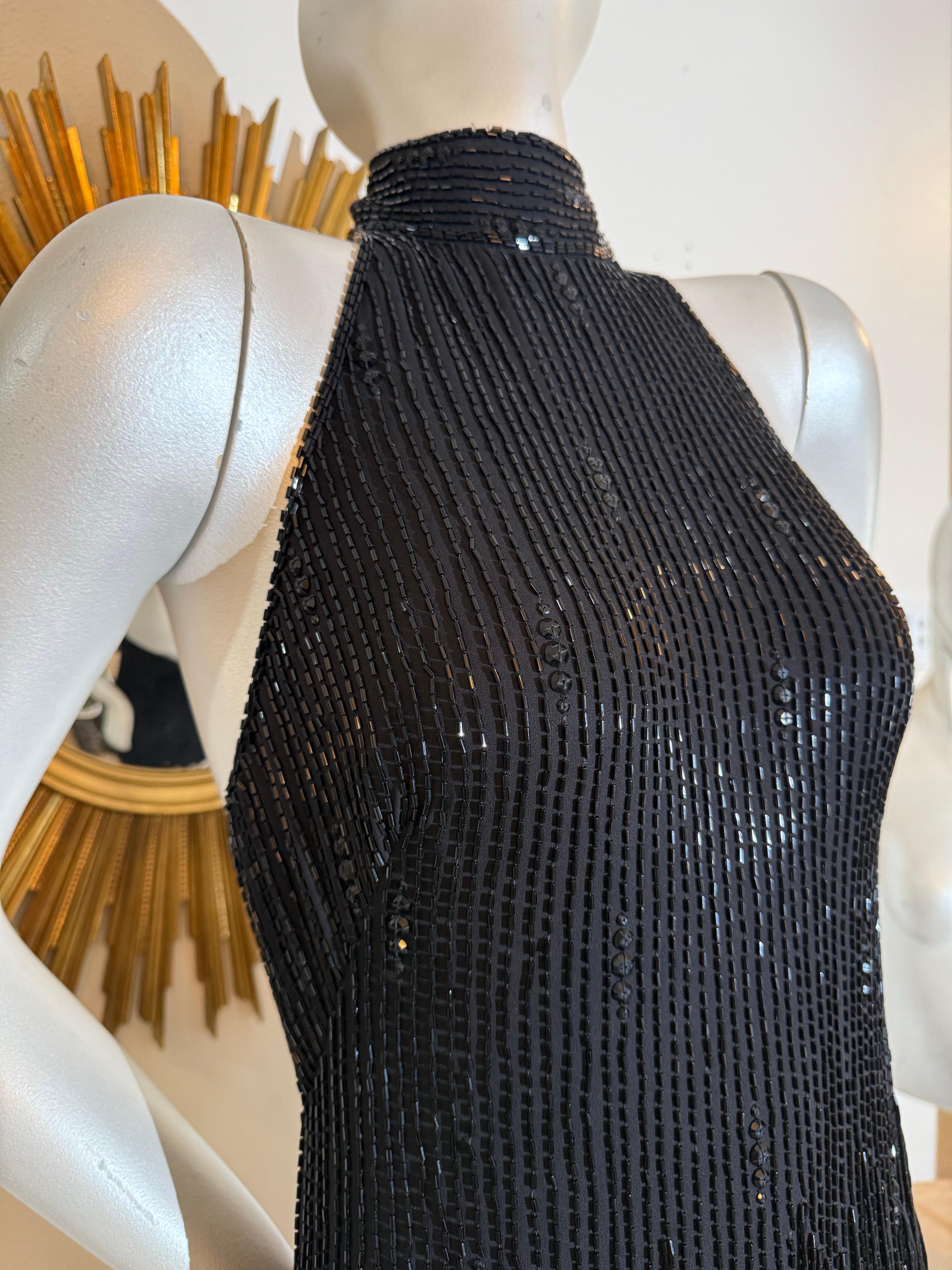 Michael Casey de los años 90 Mini vestido halter negro con abalorios y cristales y flecos Negro en venta