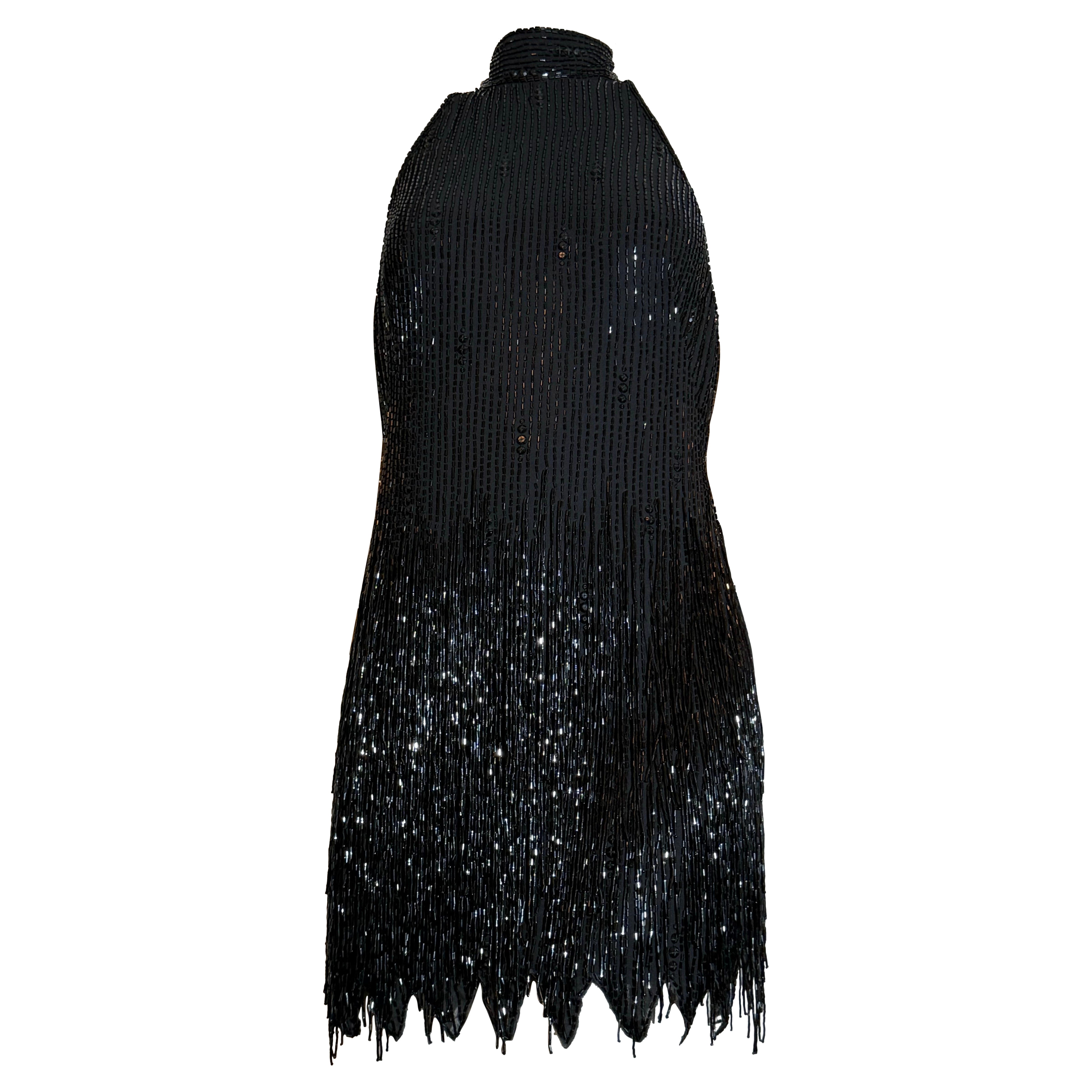 Michael Casey de los años 90 Mini vestido halter negro con abalorios y cristales y flecos en venta