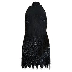 Michael Casey de los años 90 Mini vestido halter negro con abalorios y cristales y flecos