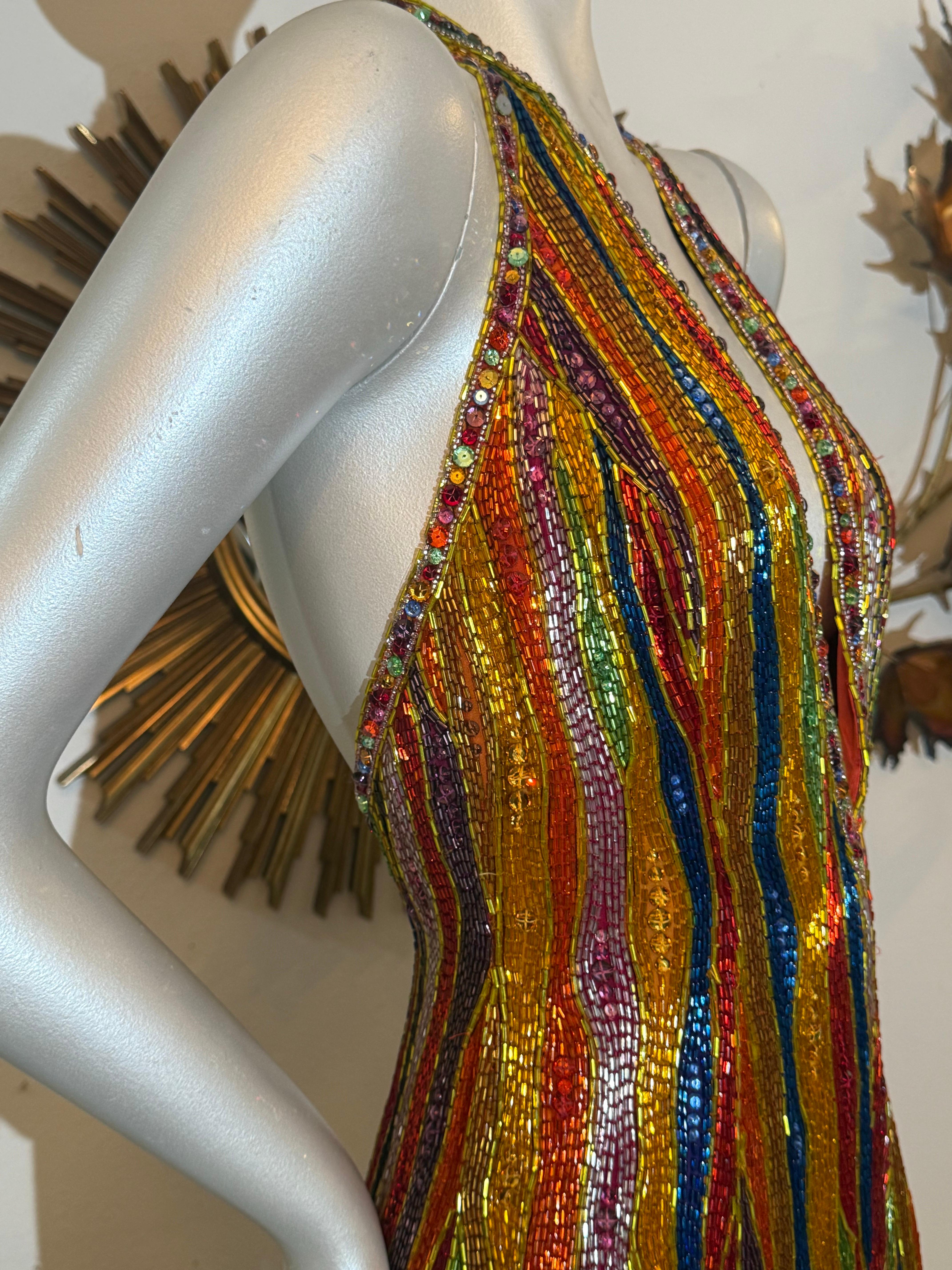1990s Michael Casey Rainbow Striped Bugle Bead & Crystal Mini Halter Dress For Sale 5