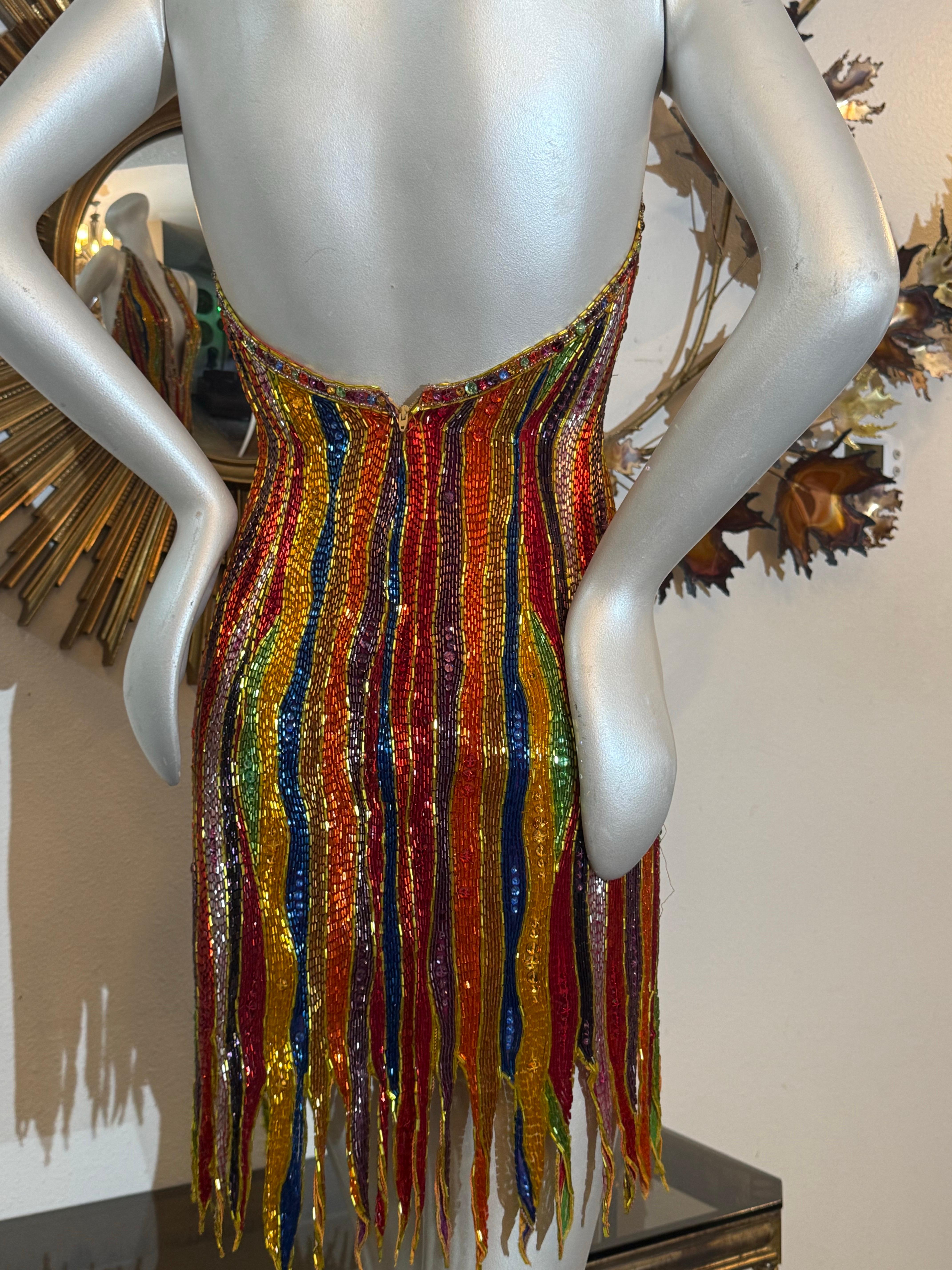 1990s Michael Casey Rainbow Striped Bugle Bead & Crystal Mini Halter Dress For Sale 6
