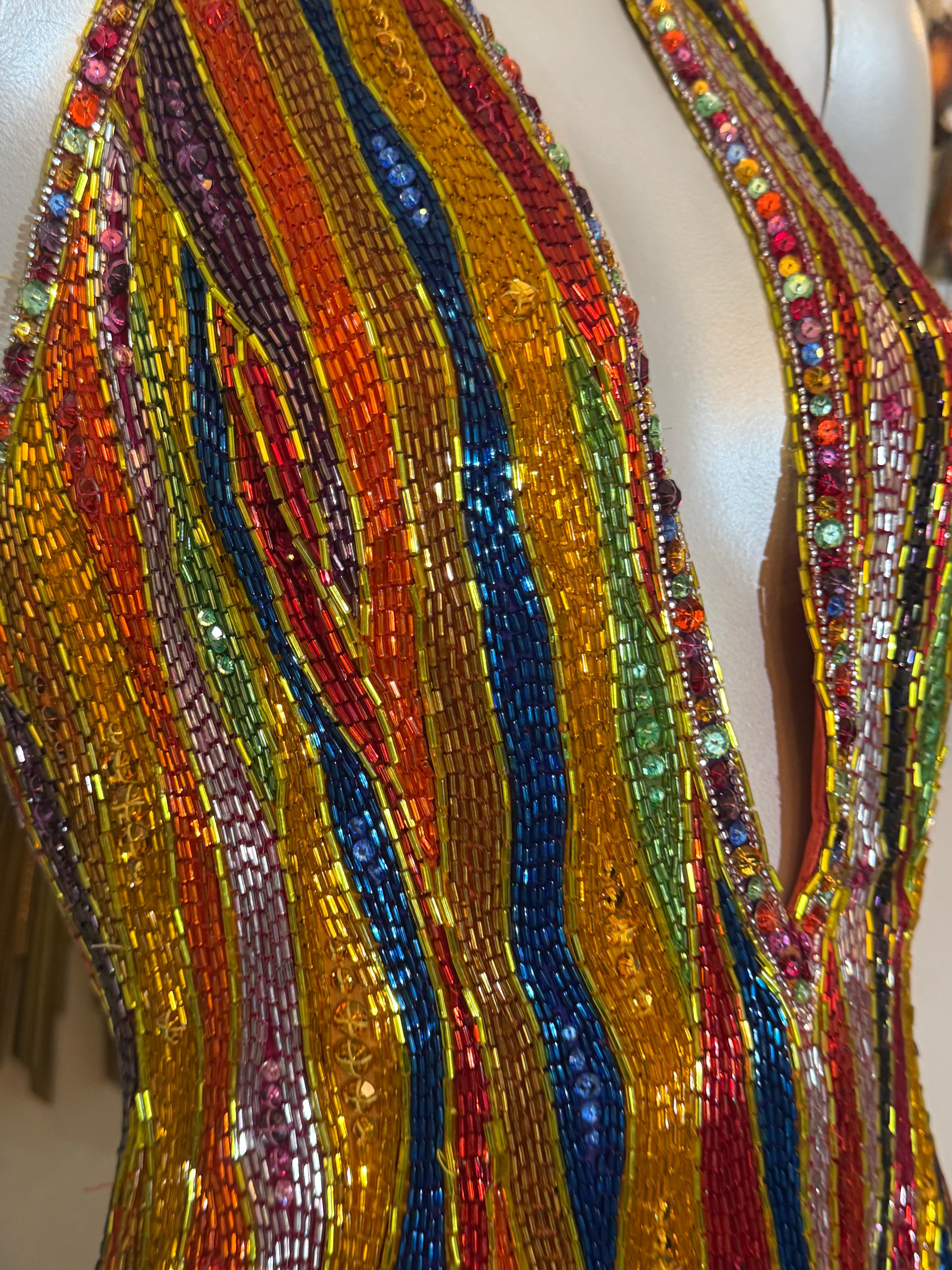 1990s Michael Casey Rainbow Striped Bugle Bead & Crystal Mini Halter Dress For Sale 7