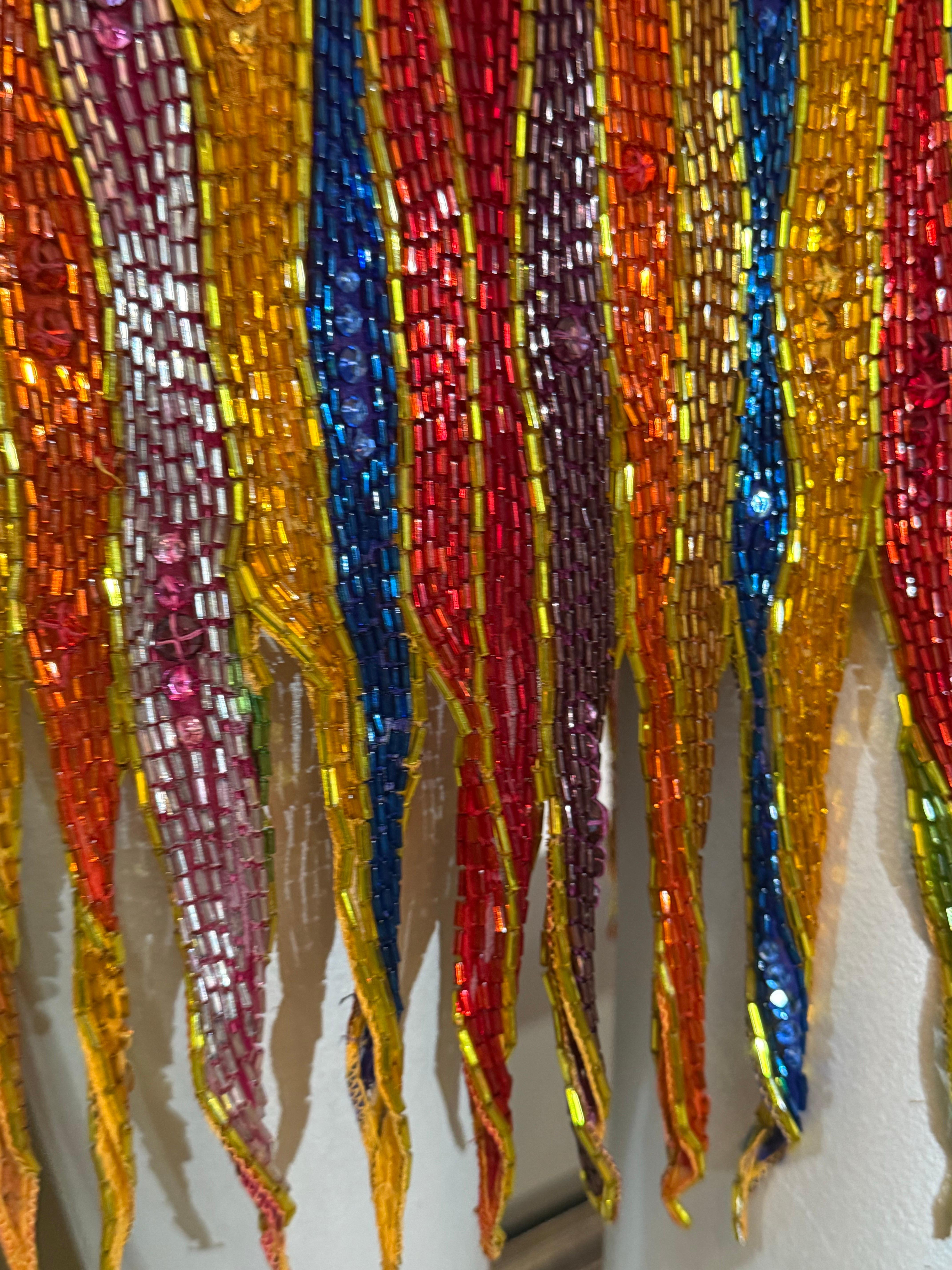 1990s Michael Casey Rainbow Striped Bugle Bead & Crystal Mini Halter Dress For Sale 8