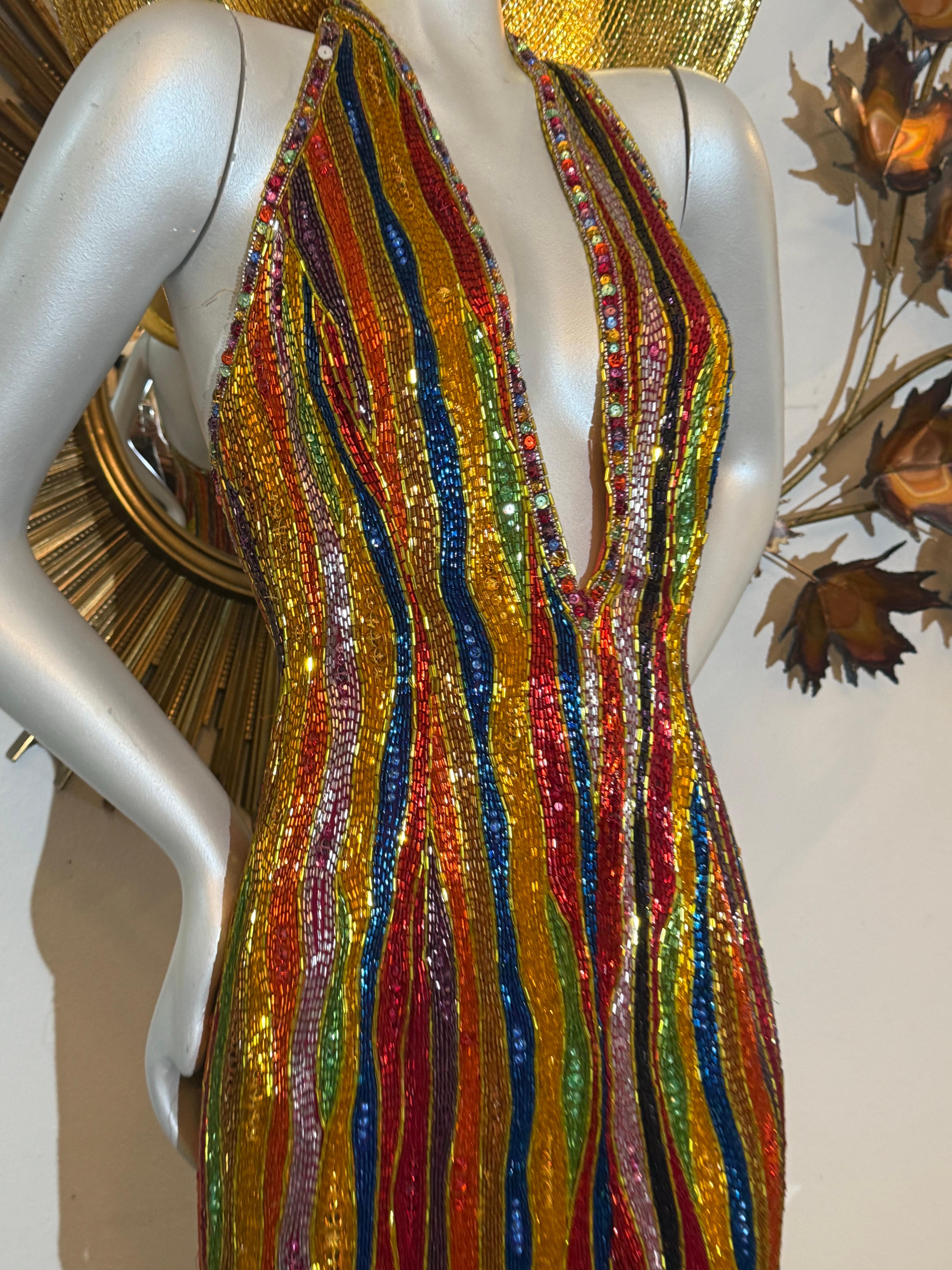 1990s Michael Casey Rainbow Striped Bugle Bead & Crystal Mini Halter Dress For Sale 9
