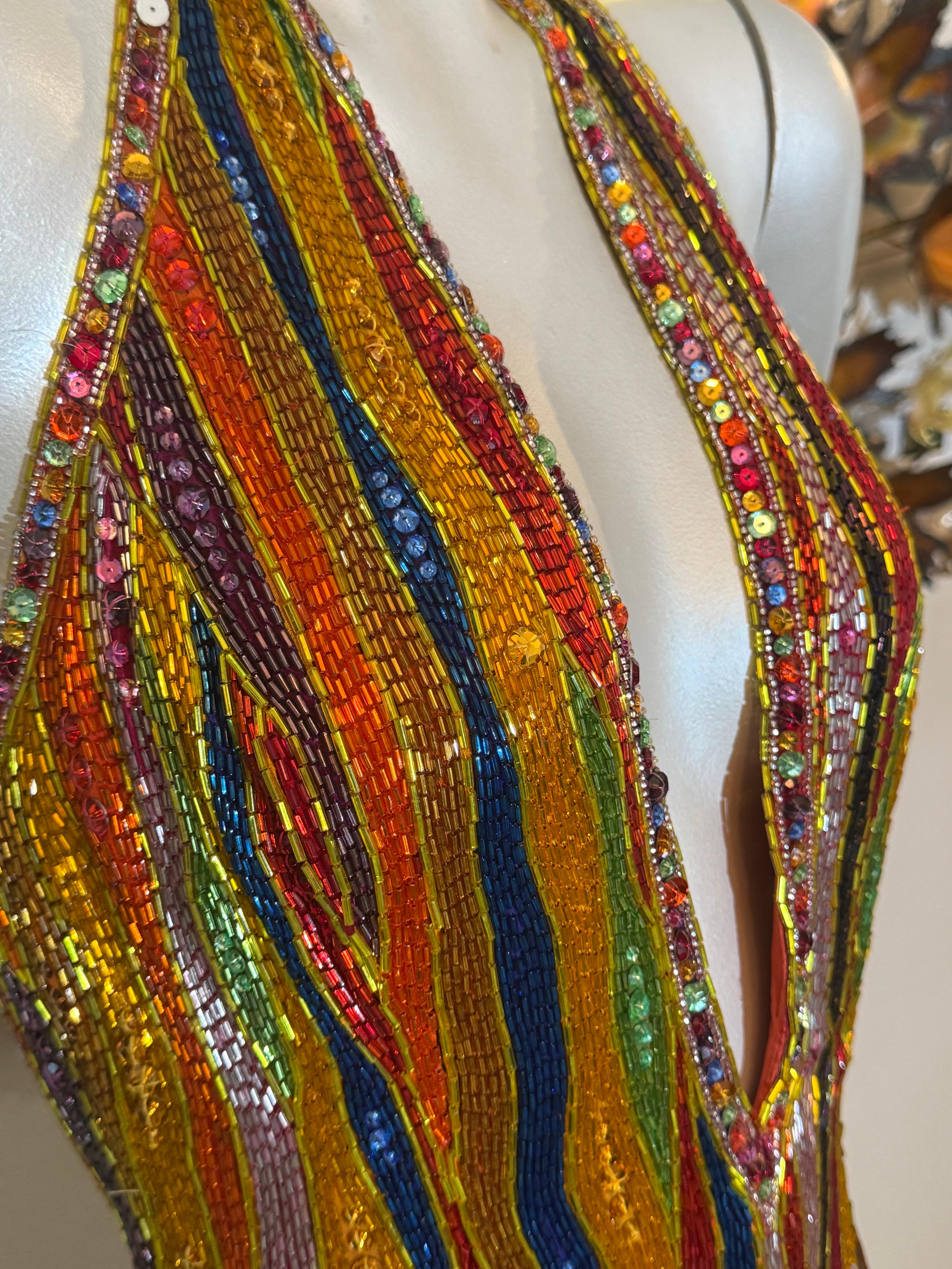 1990s Michael Casey Rainbow Striped Bugle Bead & Crystal Mini Halter Dress For Sale 10