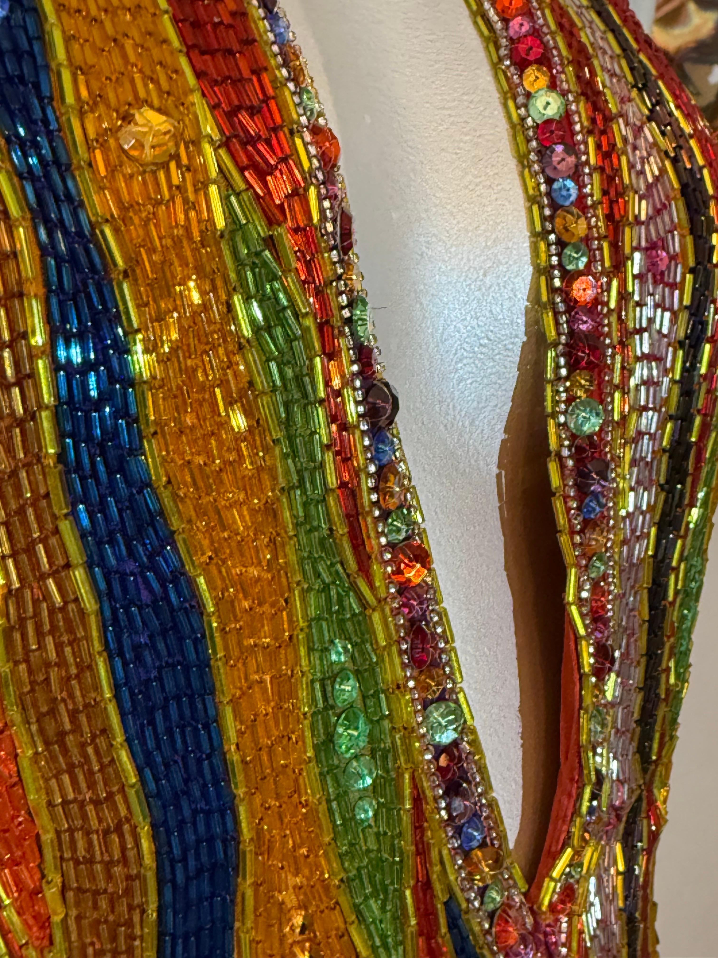 1990s Michael Casey Rainbow Striped Bugle Bead & Crystal Mini Halter Dress For Sale 11