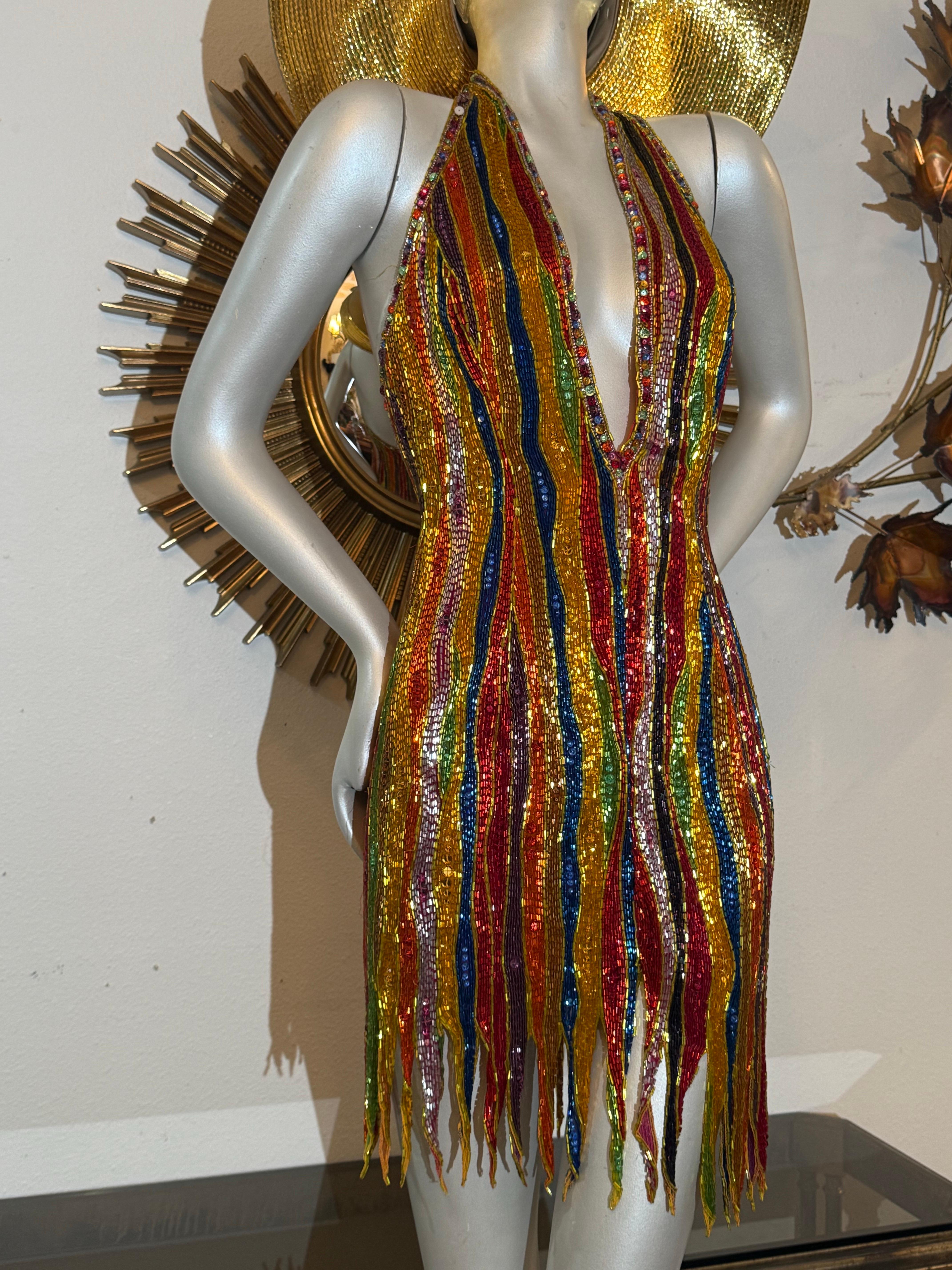 1990s Michael Casey Rainbow Striped Bugle Bead & Crystal Mini Halter Dress:  A fabulous, one-of-a-kind sample piece from Michael Casey's private archive in NYC.  A perfect sample size 6 piece is in the classic Mackie style, entirely beaded in