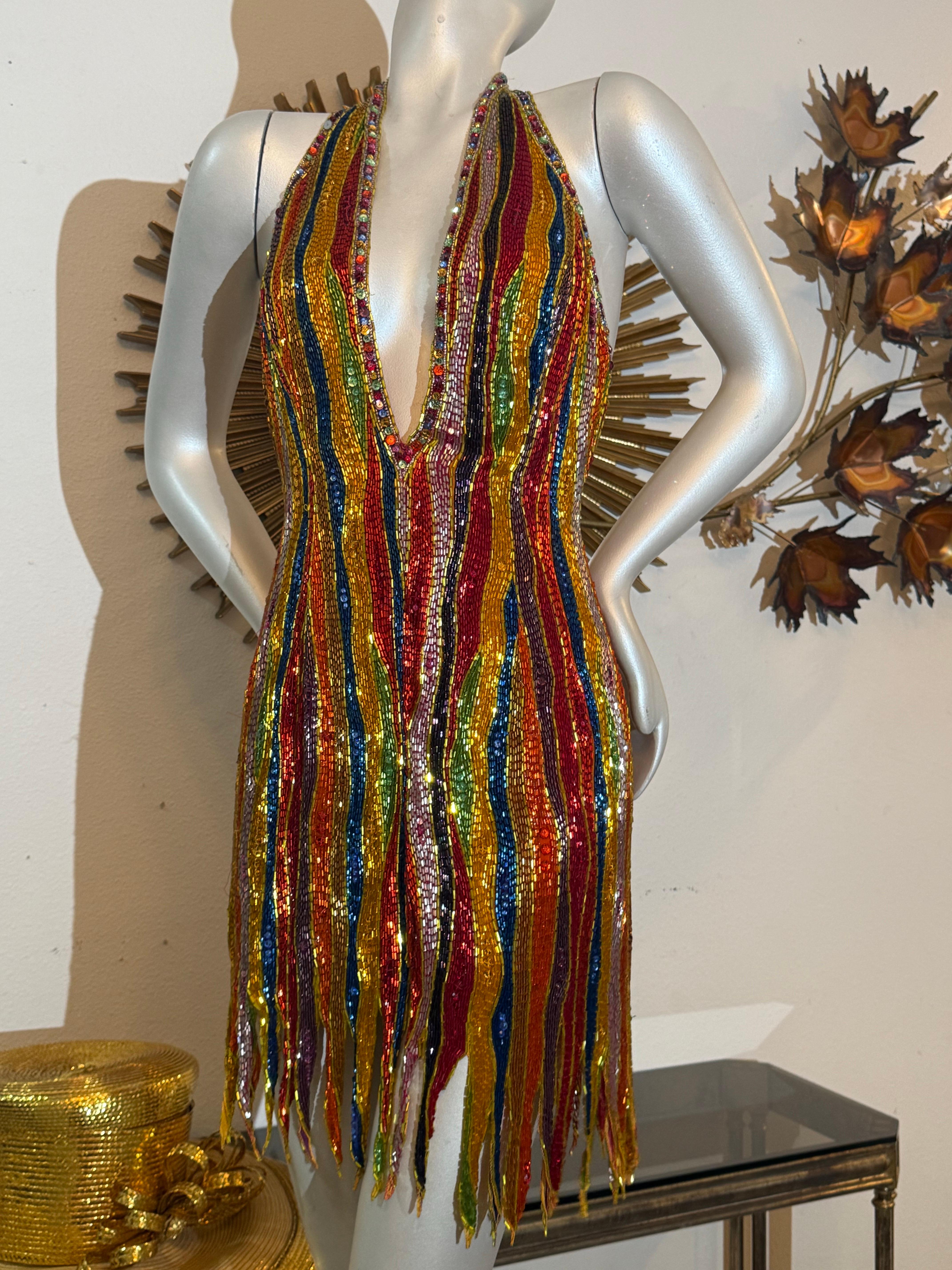 Brown 1990s Michael Casey Rainbow Striped Bugle Bead & Crystal Mini Halter Dress For Sale
