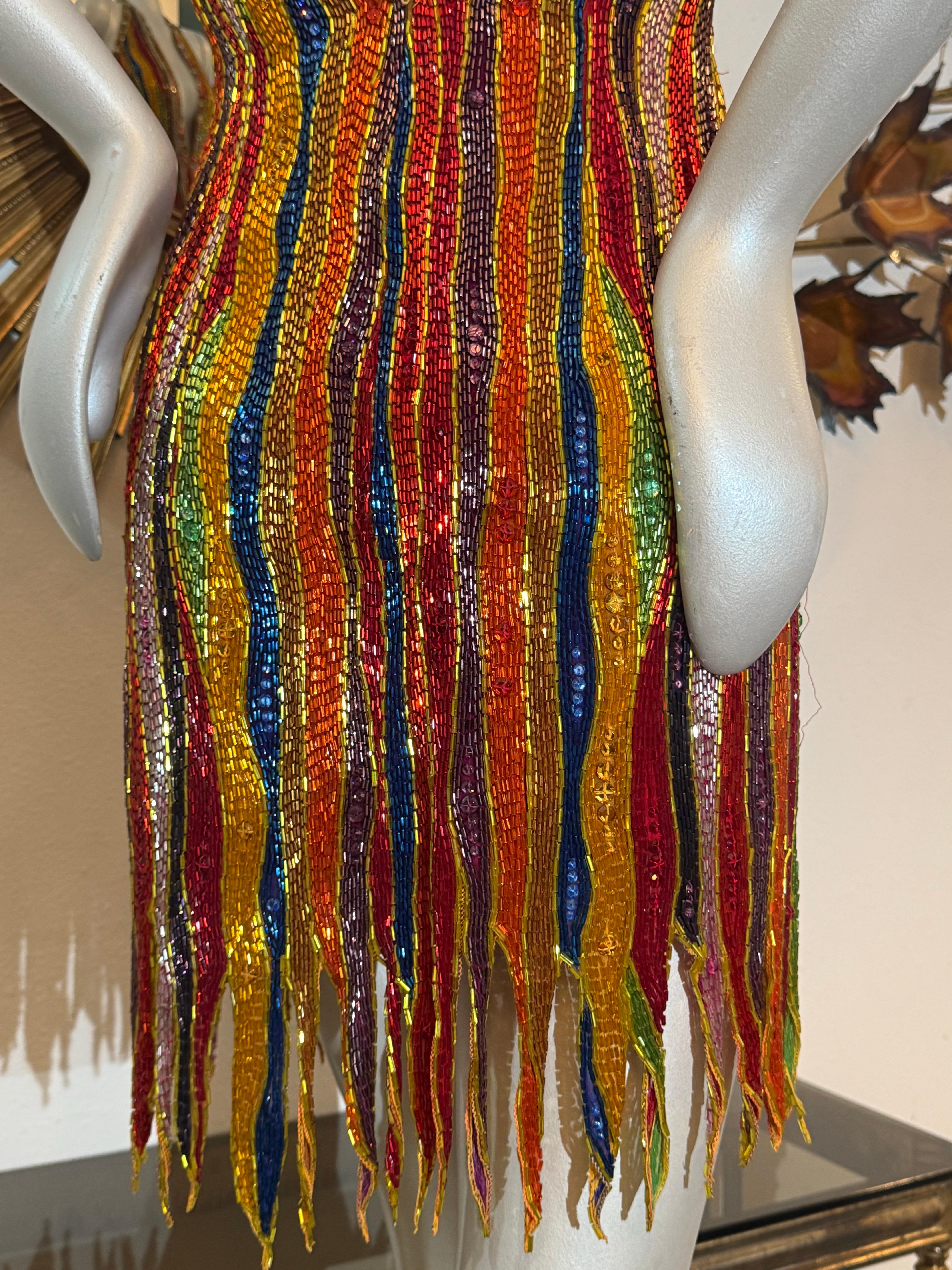 Women's 1990s Michael Casey Rainbow Striped Bugle Bead & Crystal Mini Halter Dress For Sale
