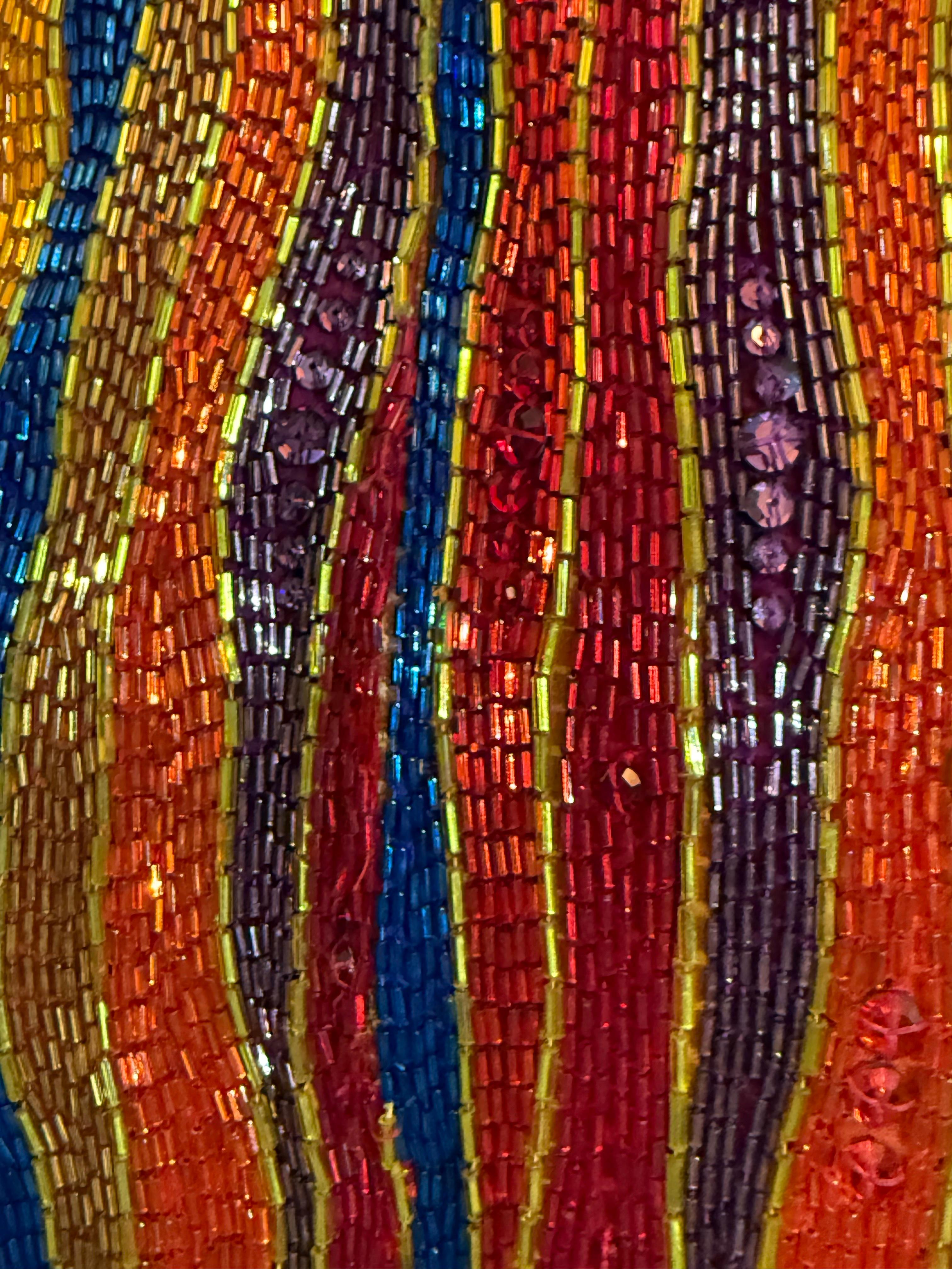 1990s Michael Casey Rainbow Striped Bugle Bead & Crystal Mini Halter Dress For Sale 1