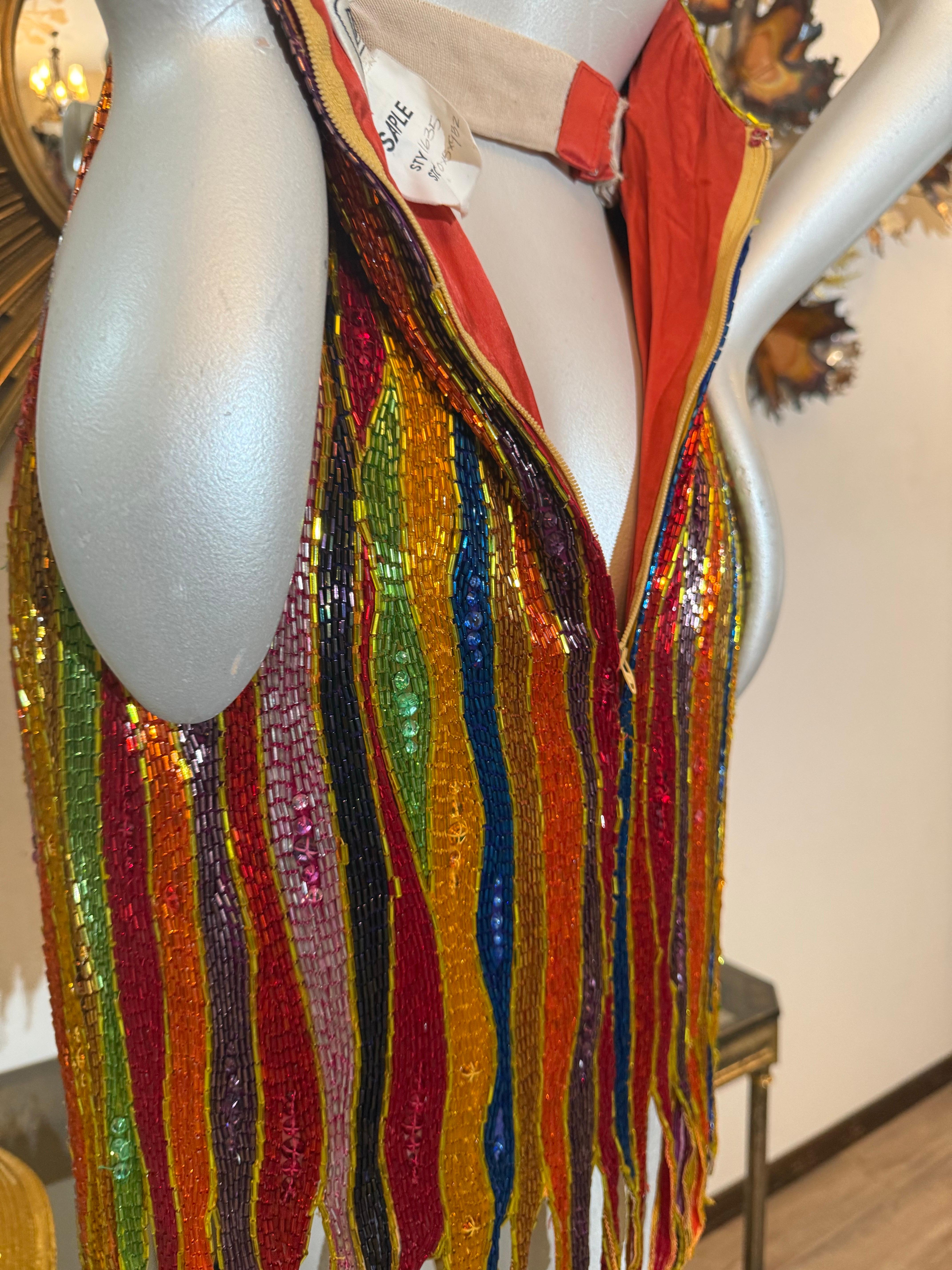 1990s Michael Casey Rainbow Striped Bugle Bead & Crystal Mini Halter Dress For Sale 2