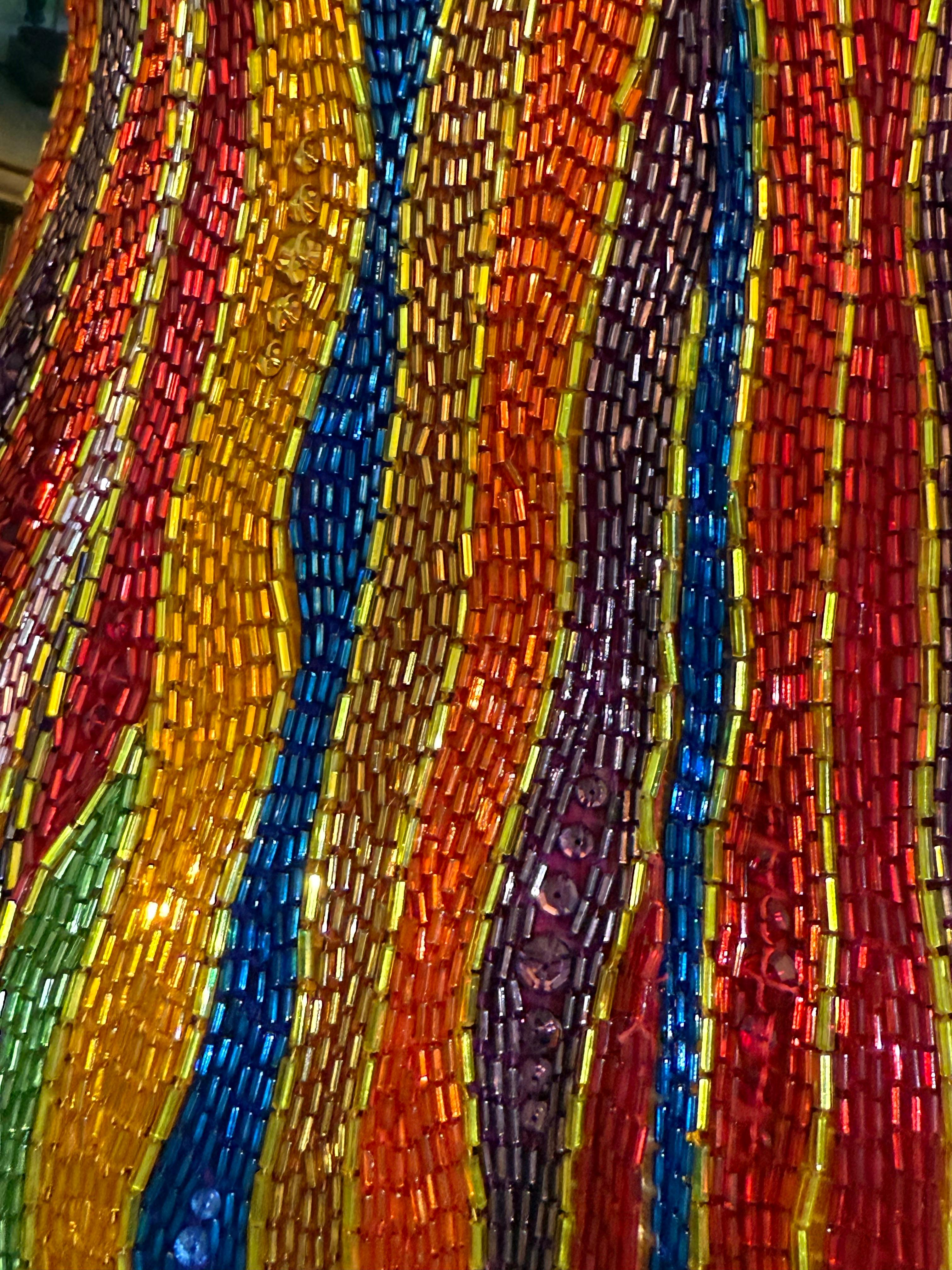 1990s Michael Casey Rainbow Striped Bugle Bead & Crystal Mini Halter Dress For Sale 3