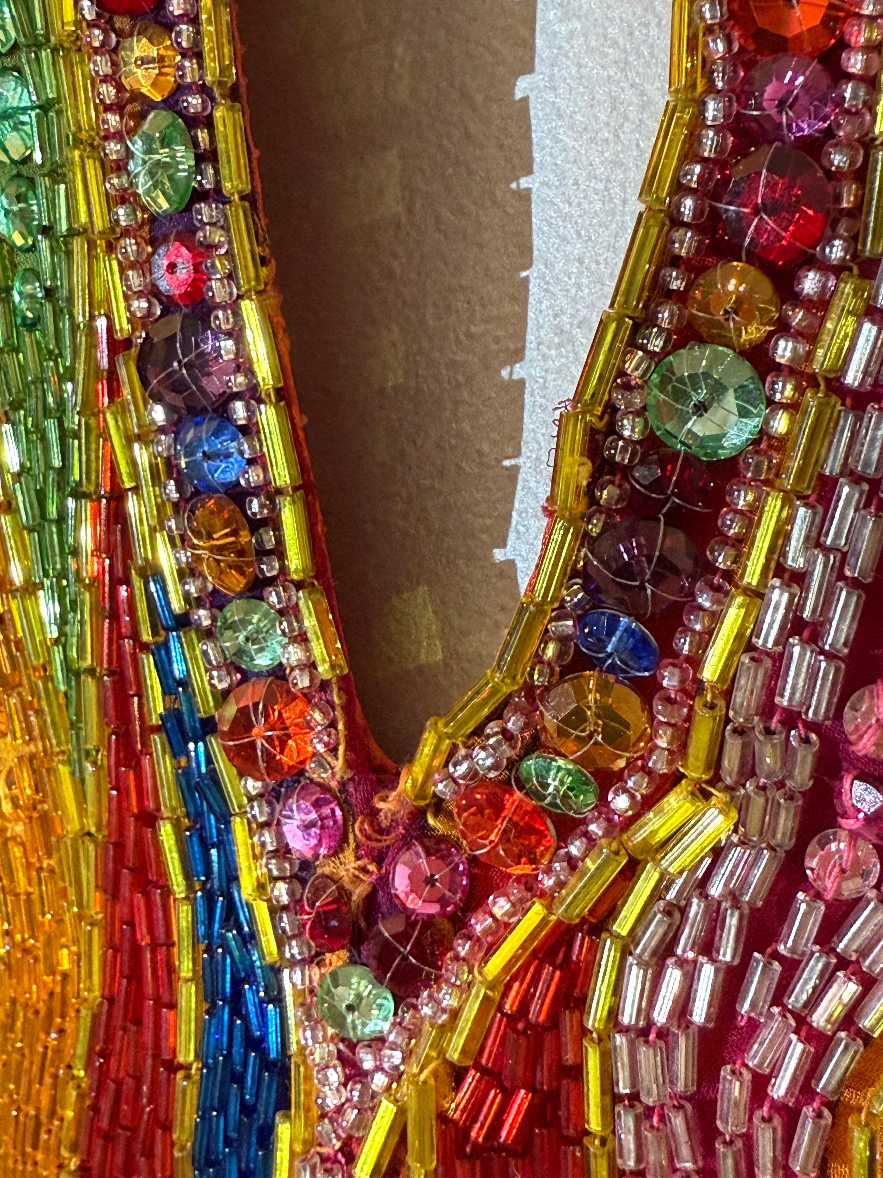1990s Michael Casey Rainbow Striped Bugle Bead & Crystal Mini Halter Dress For Sale 4