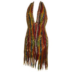 1990s Michael Casey Rainbow Striped Bugle Bead & Crystal Mini Halter Dress