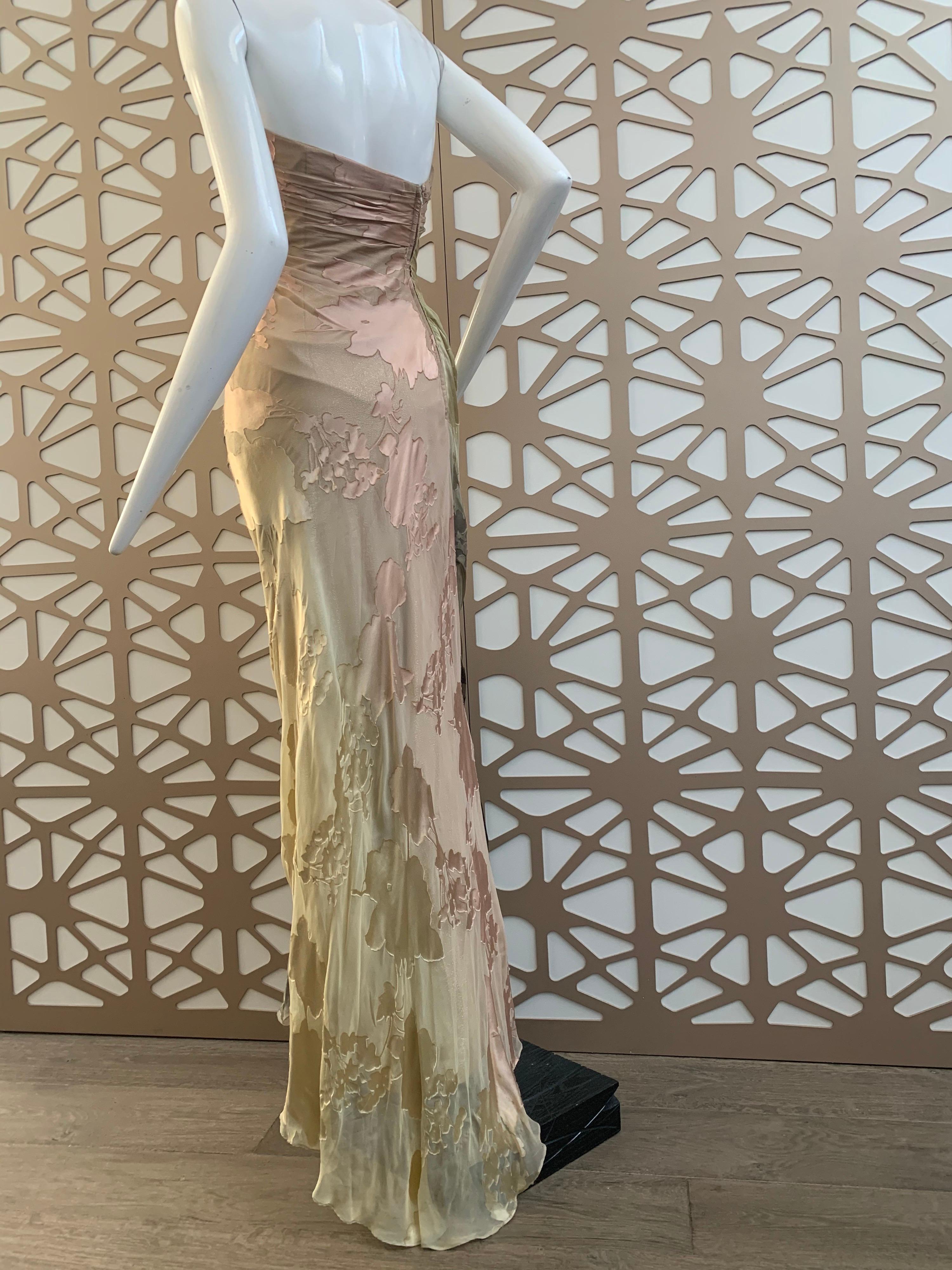 Brown 1990s Michael Casey Silk Ombre Botanical-Patterned Strapless Gown W/ Train  For Sale