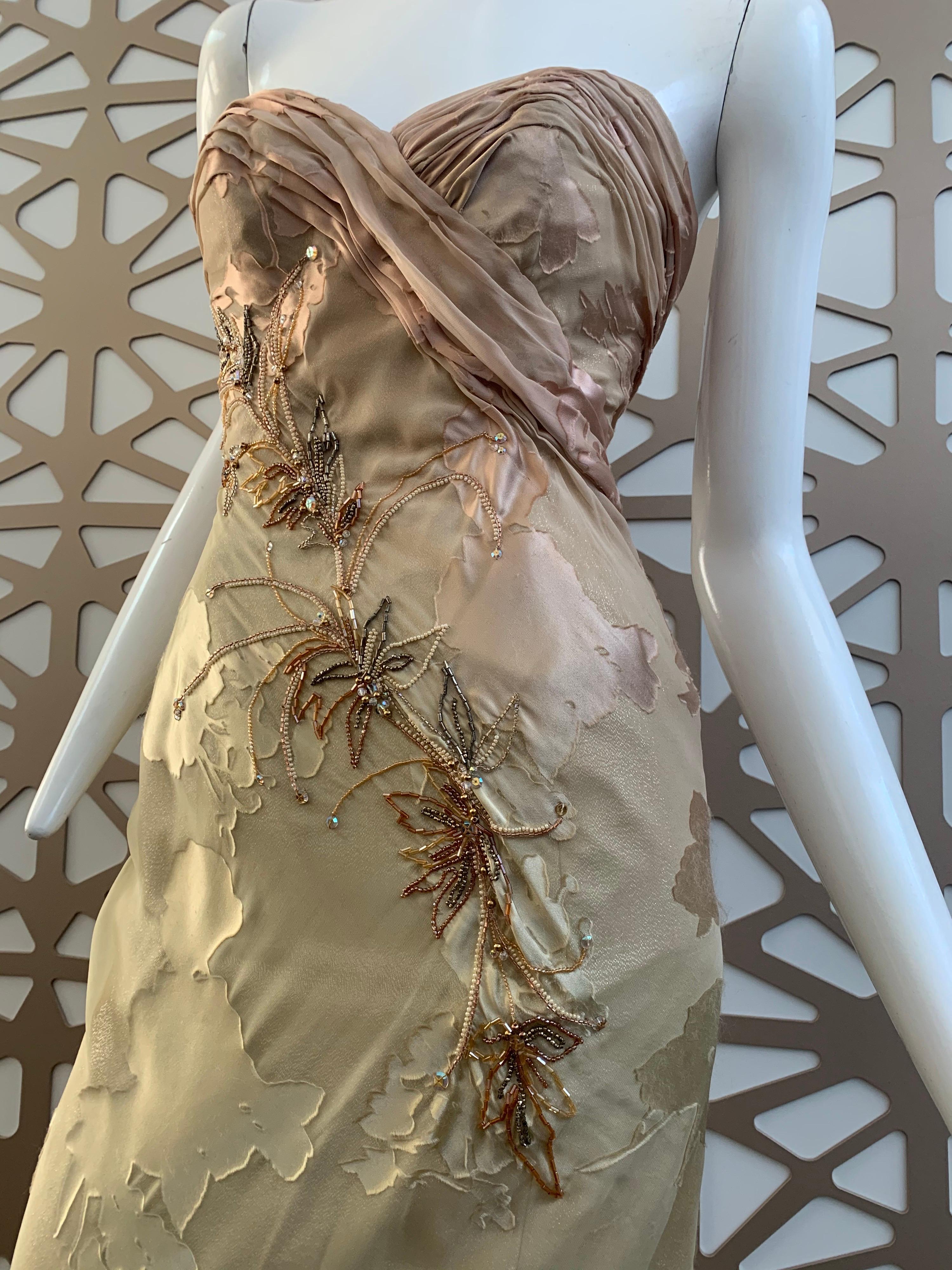 1990s Michael Casey Silk Ombre Botanical-Patterned Strapless Gown W/ Train  In Excellent Condition For Sale In Gresham, OR