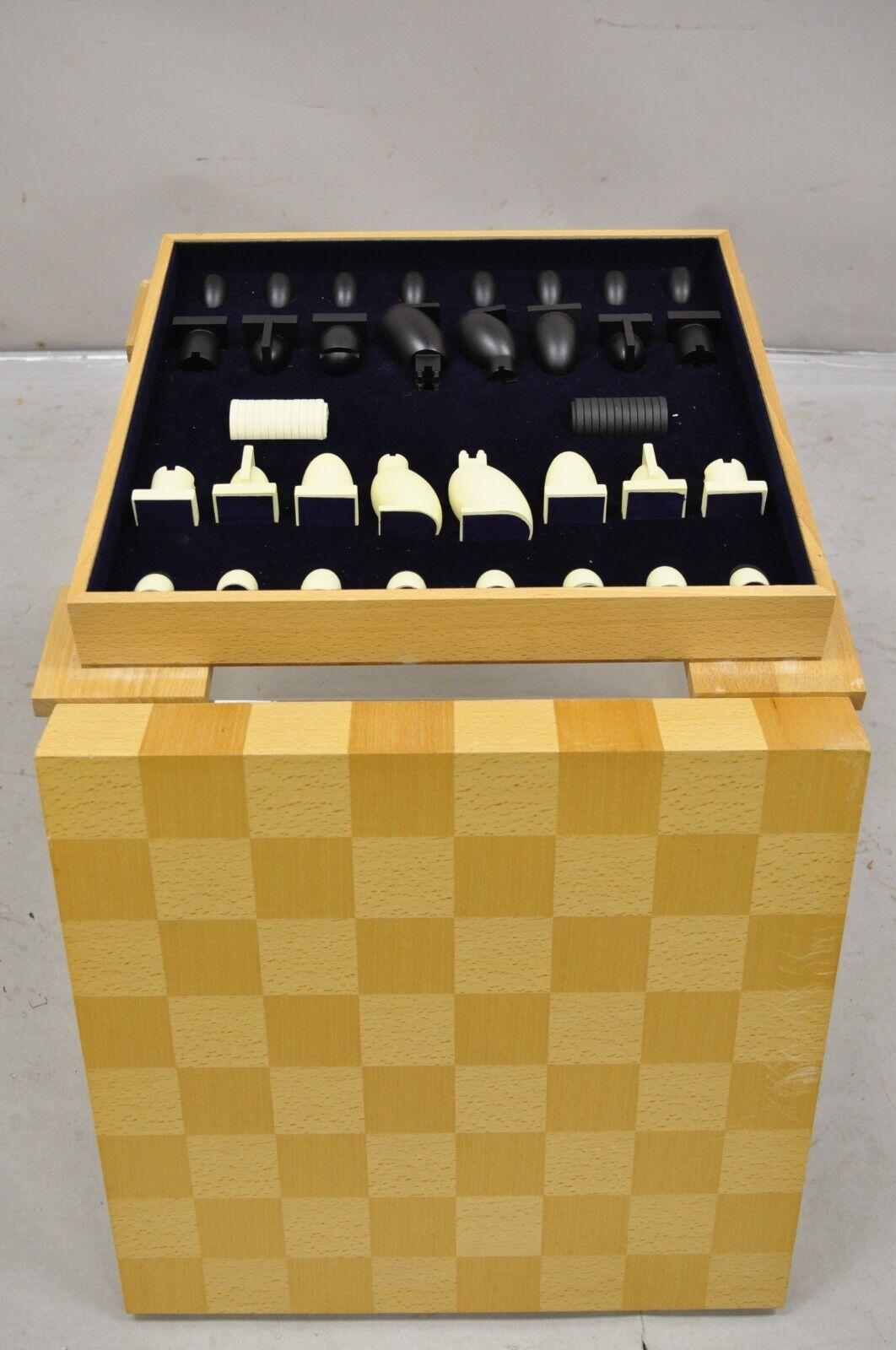 1990s Michael Graves Chess and Checkers Postmodern Set Maplewood Modern Board. Item features a maplewood board with black and white resin chess pieces, velvet lined storage for pieces, each piece signed 