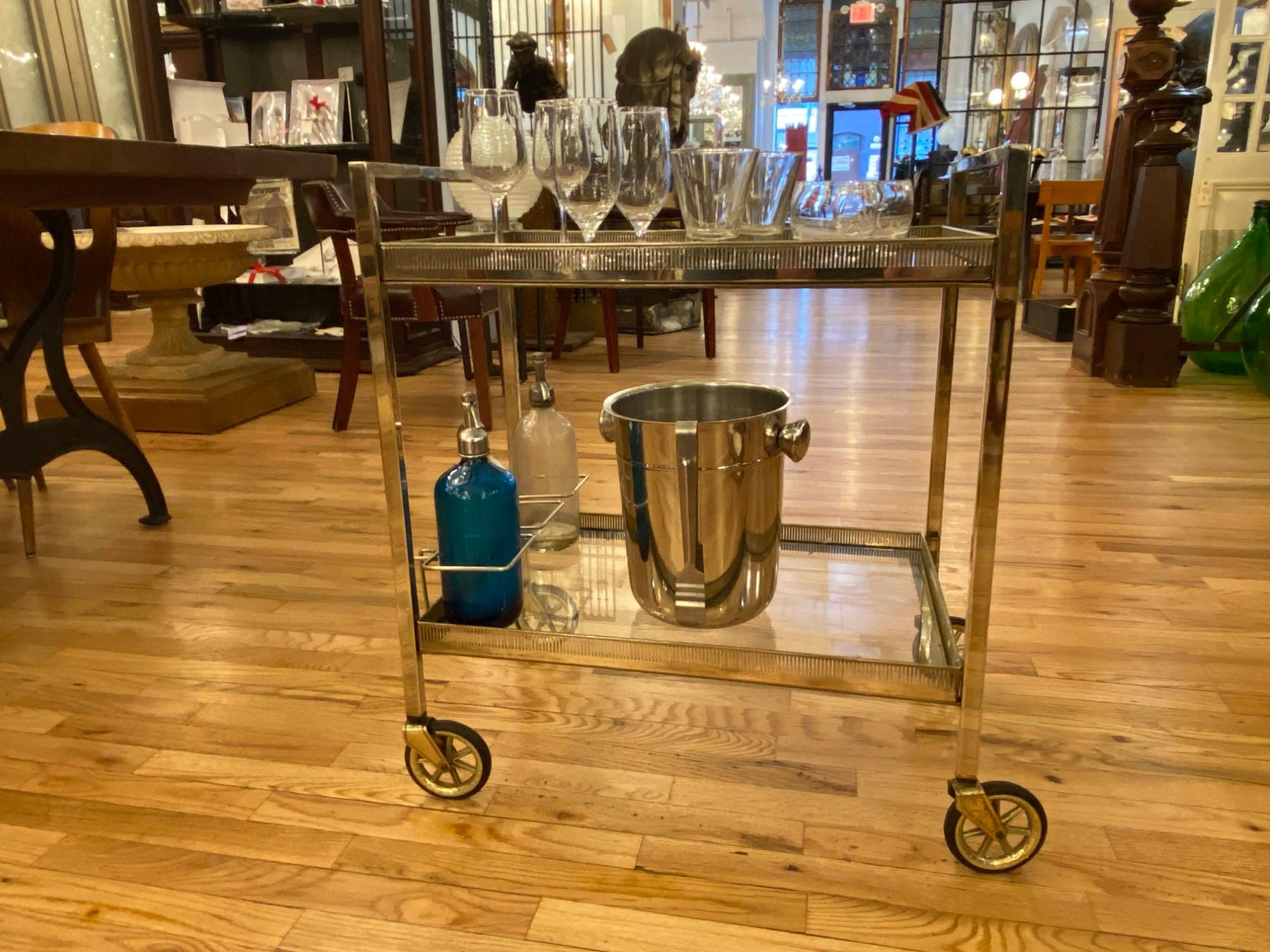 1990s Mid-Century Modern Bar Cart from Belgium, Nickel-Plated with Glass Shelves 7