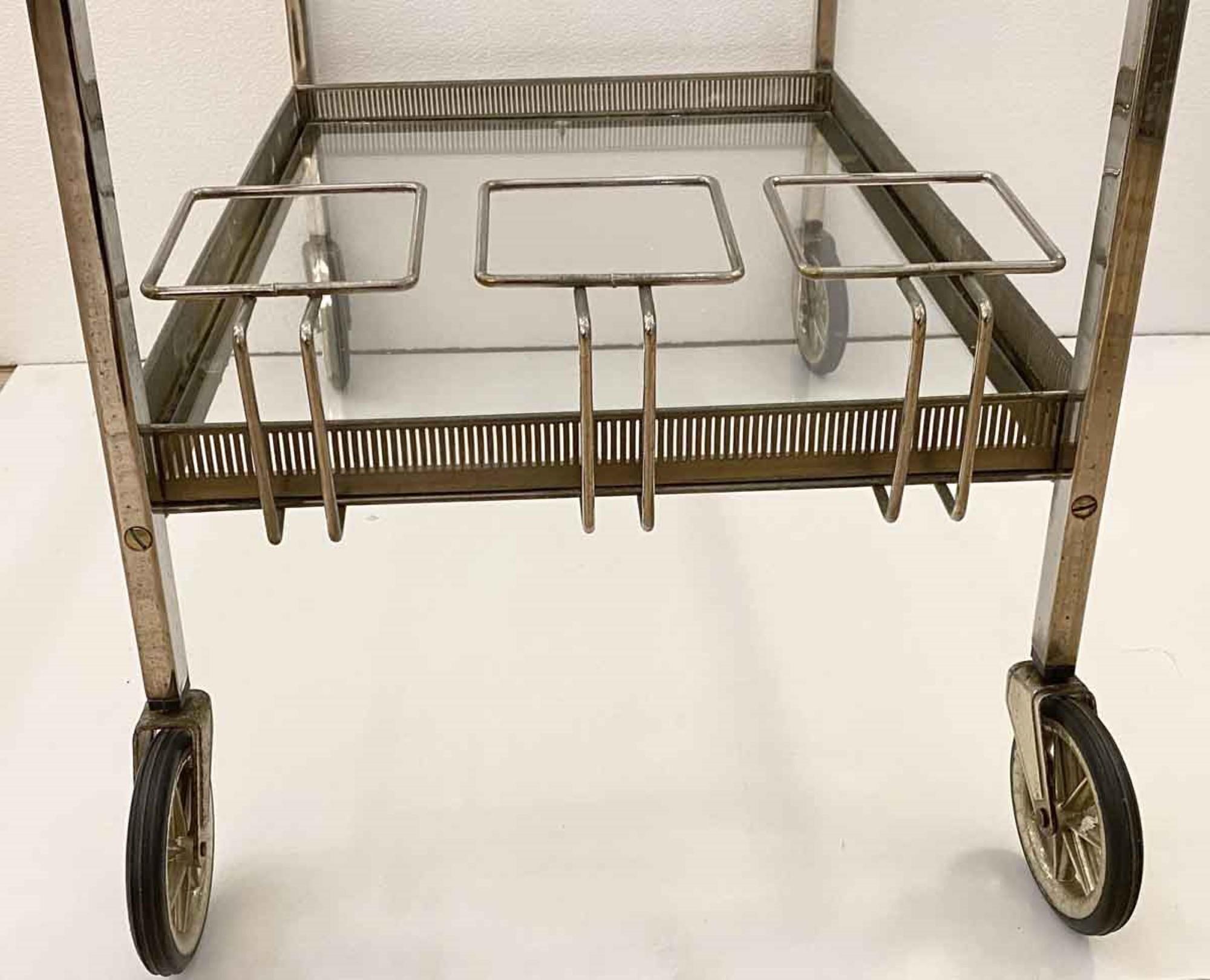 1990s Mid-Century Modern Bar Cart from Belgium, Nickel-Plated with Glass Shelves In Good Condition In New York, NY
