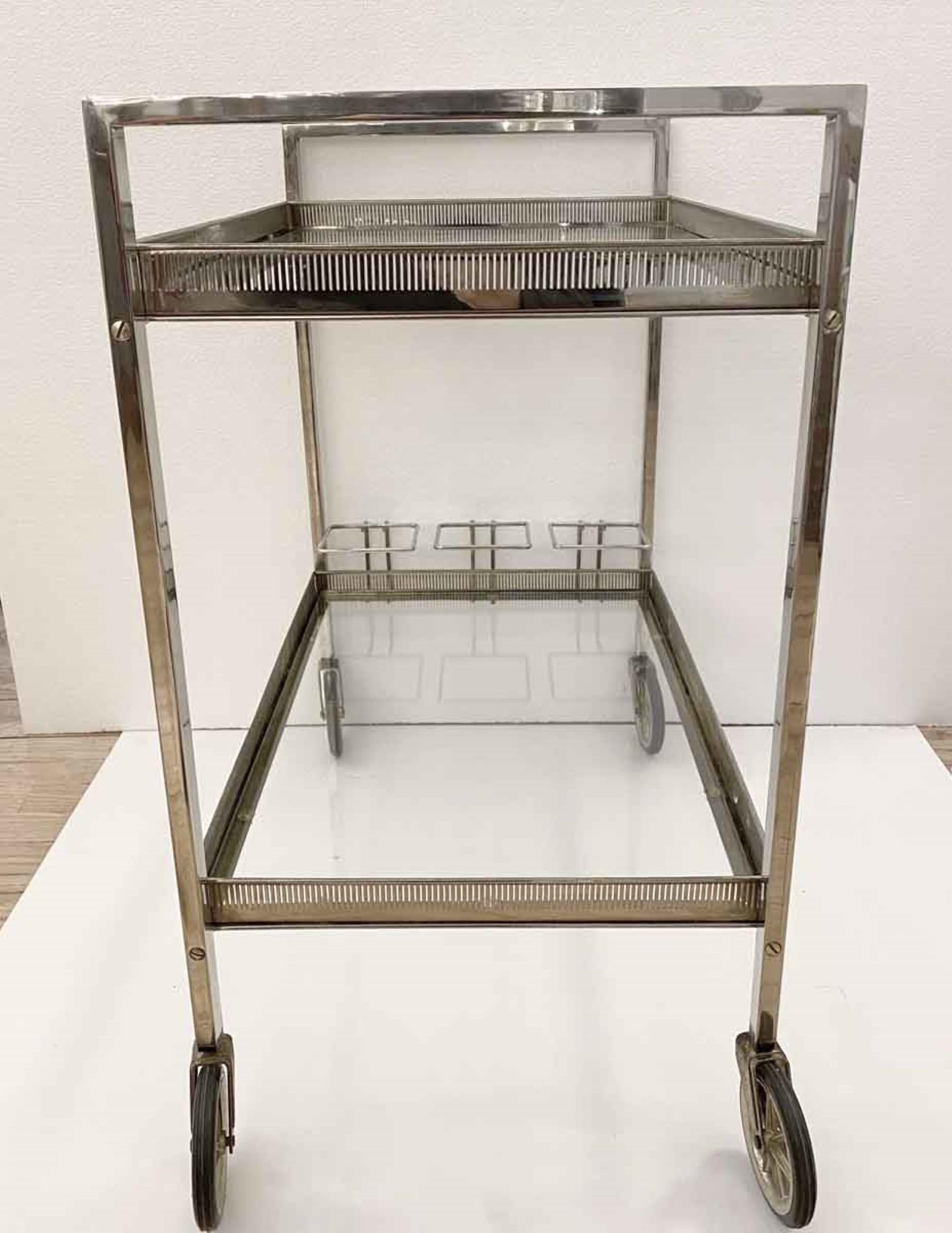 Late 20th Century 1990s Mid-Century Modern Bar Cart from Belgium, Nickel-Plated with Glass Shelves